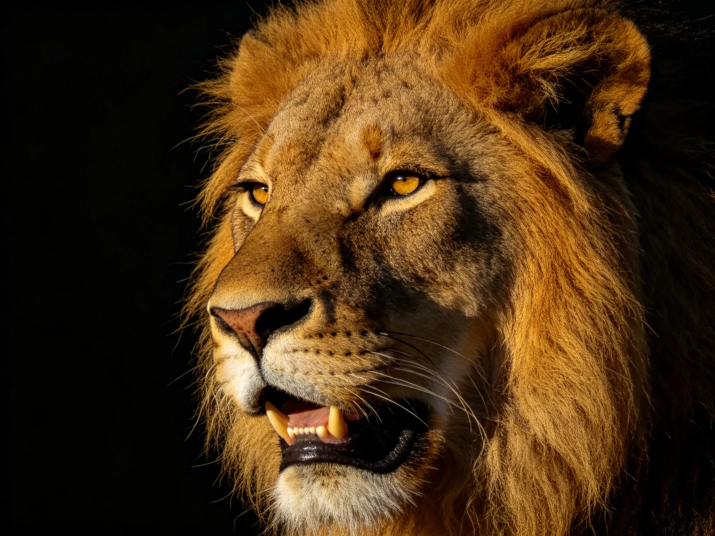 Close - up of a golden lion’s face against a dark background