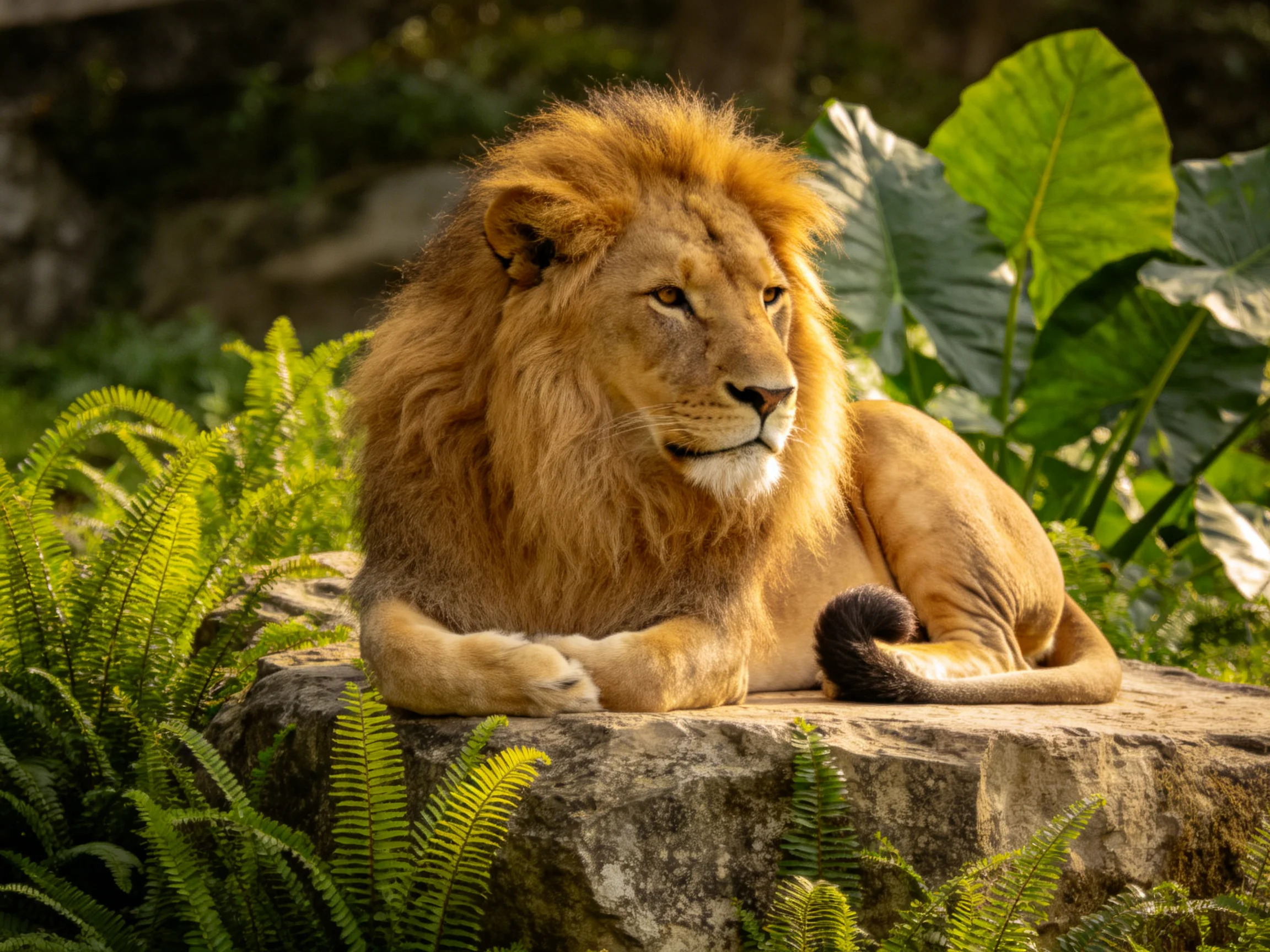 A majestic golden lion rests on a large stone amid lush green foliage
