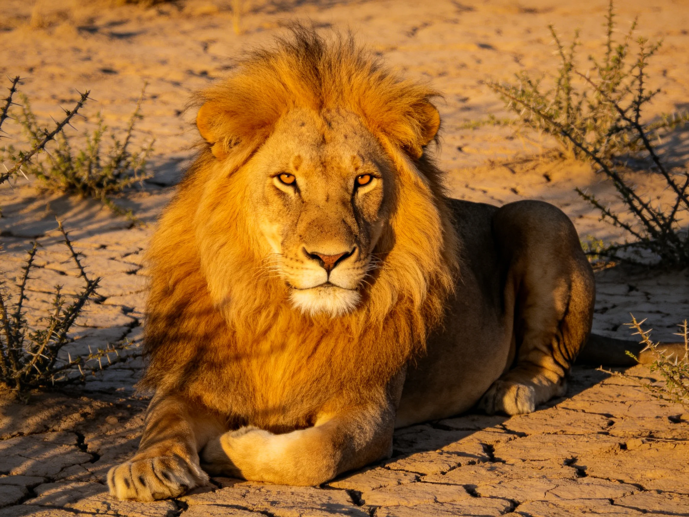 A majestic golden lion rests on cracked earth amid sparse desert vegetation