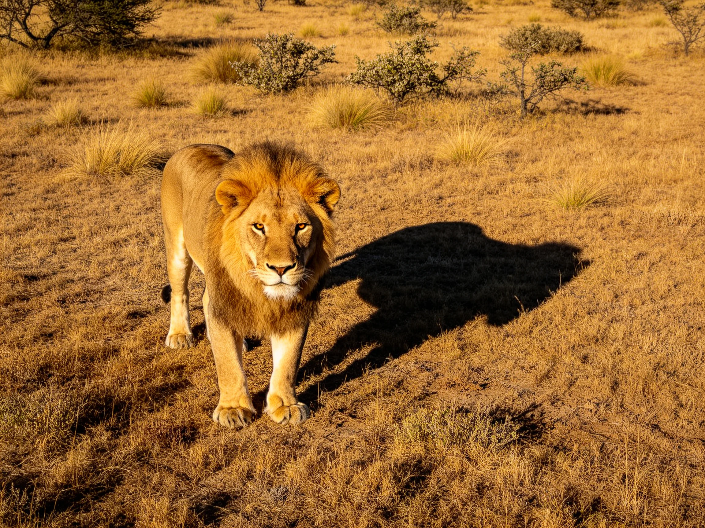 A majestic golden lion roams an open savannah landscape