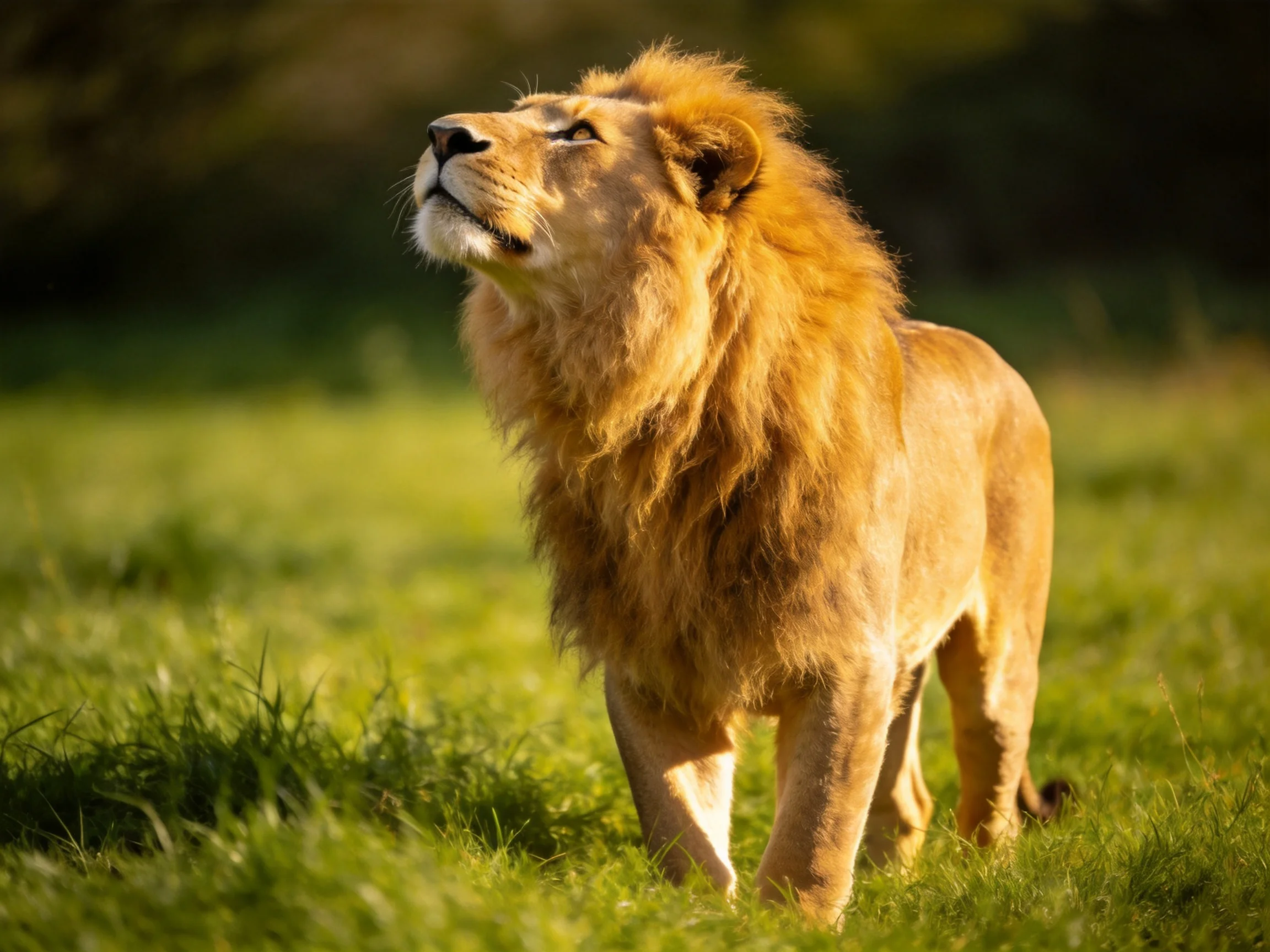 A majestic golden lion roams in a sunlit green meadow
