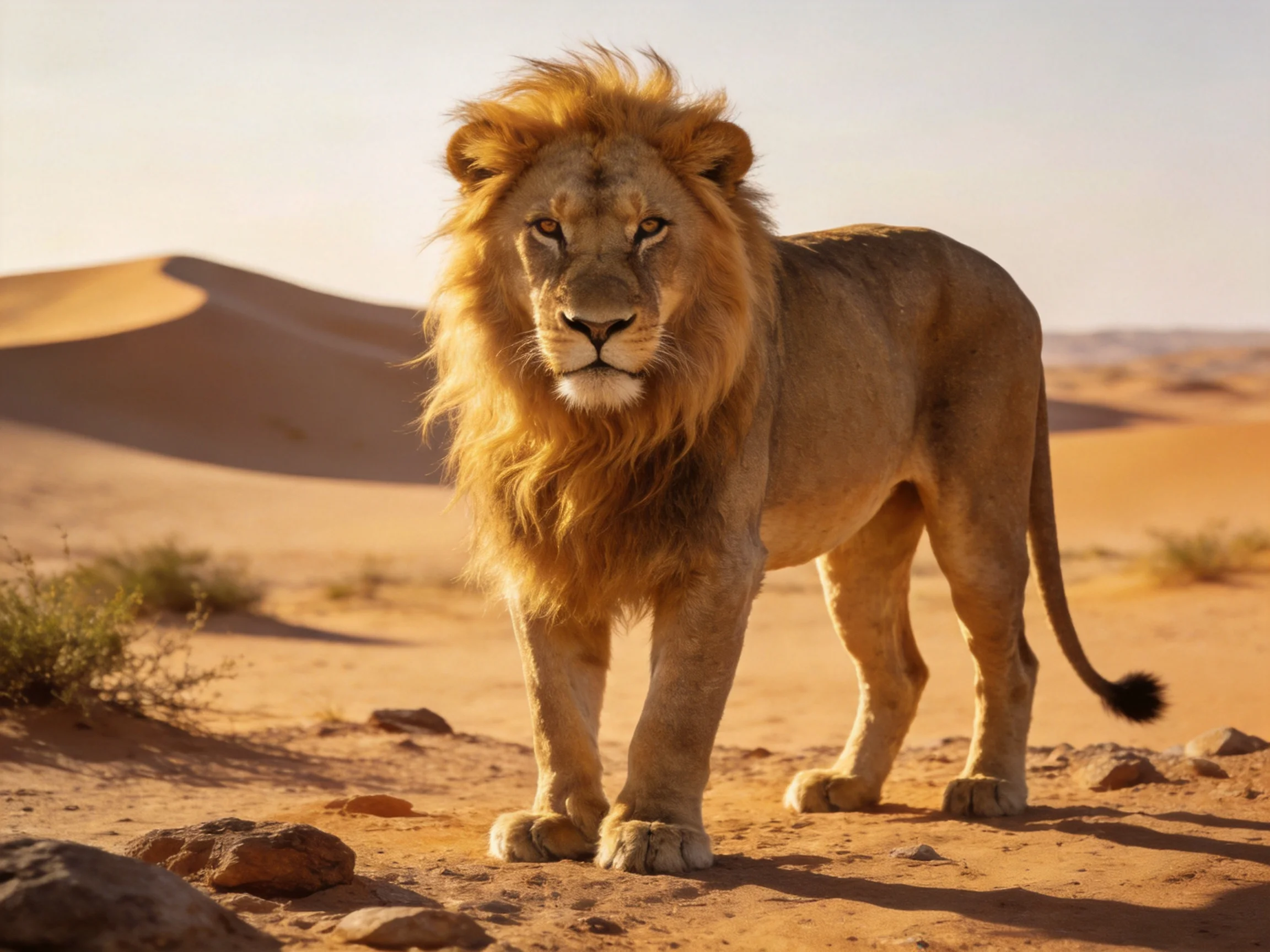 A golden lion stands in a sunlit desert environment.