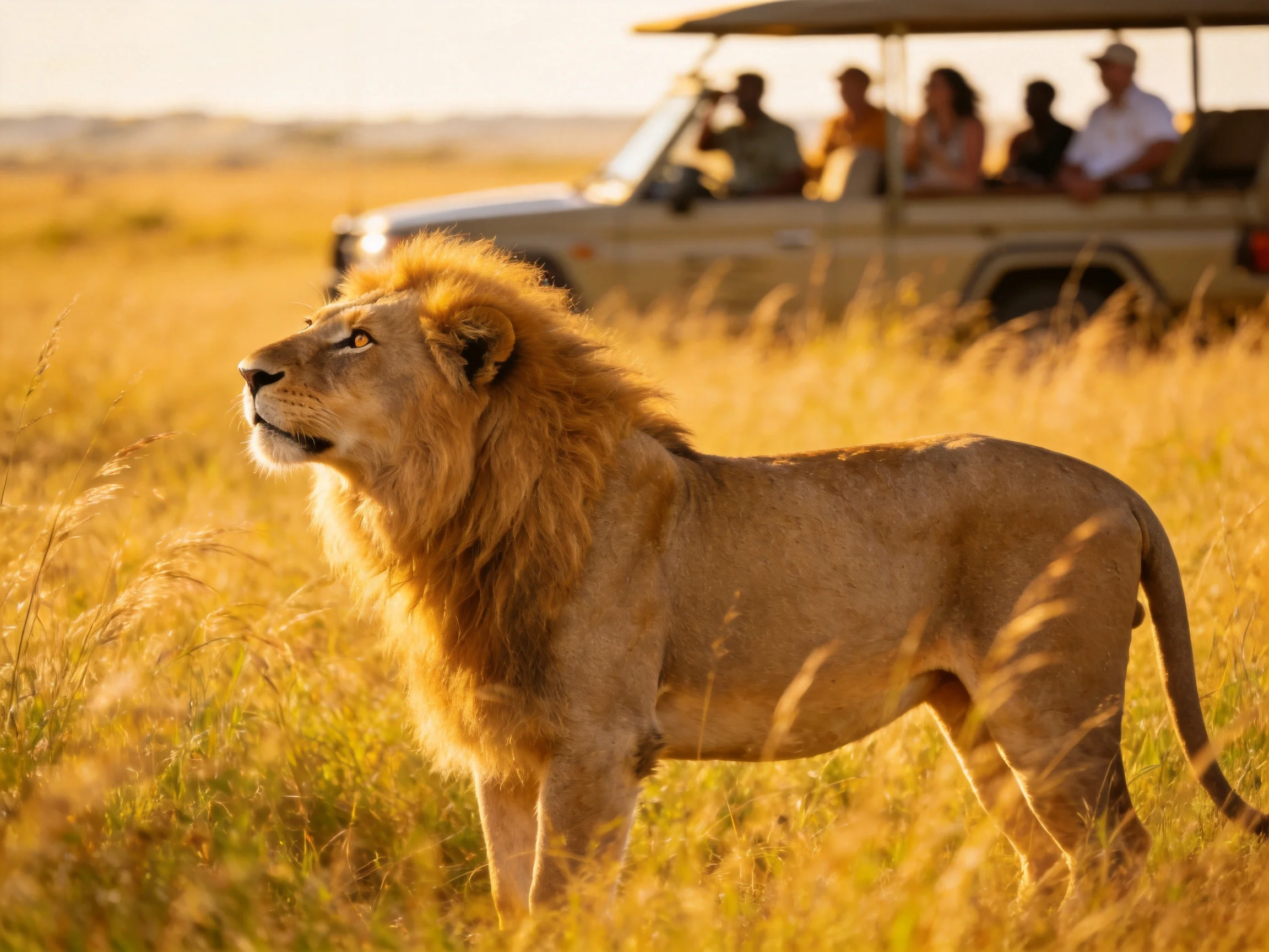 A majestic golden lion stands in tall yellow grass near a safari vehicle