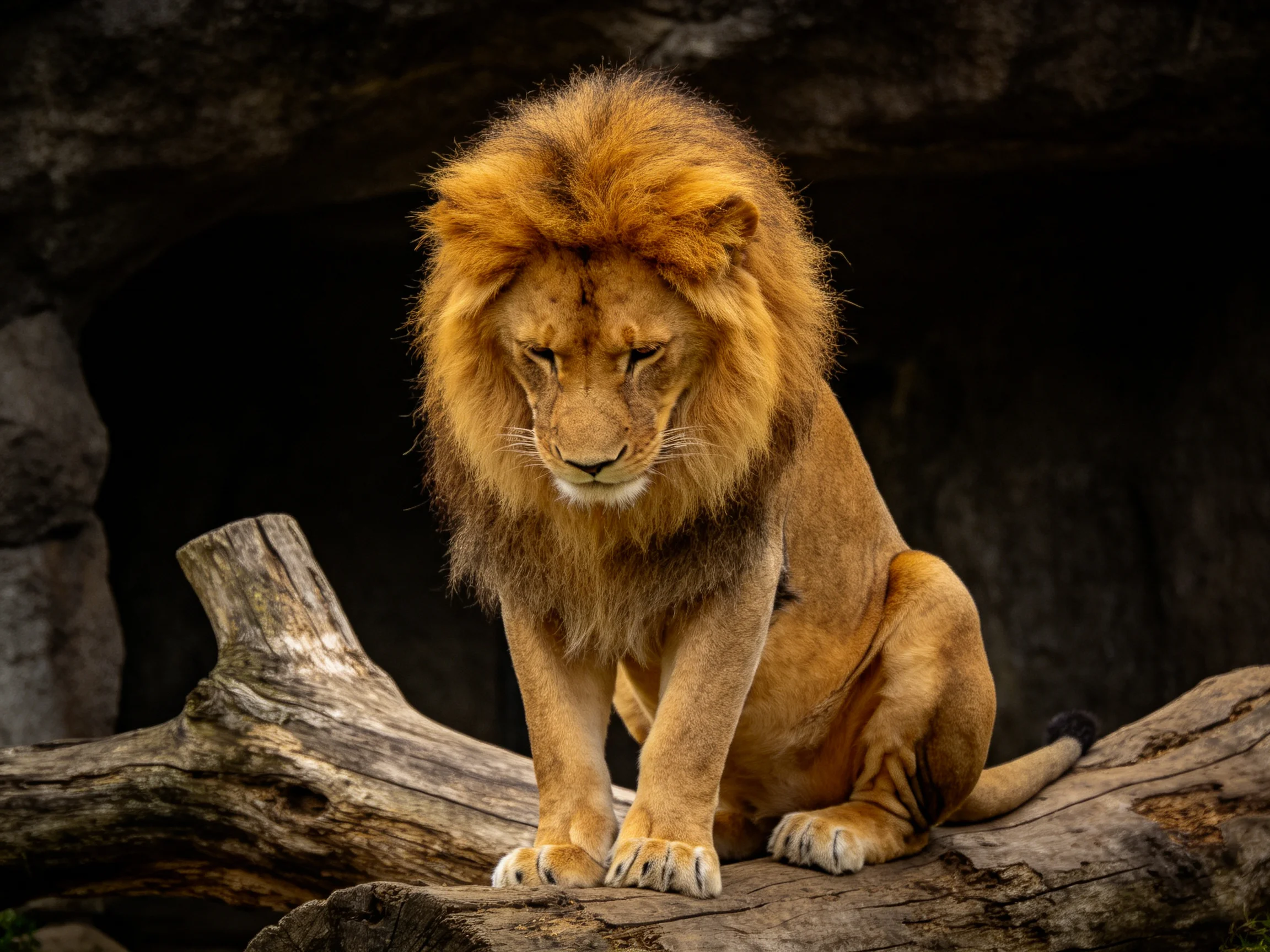 A majestic golden-maned lion sits on weathered wooden logs in a dark enclosure.