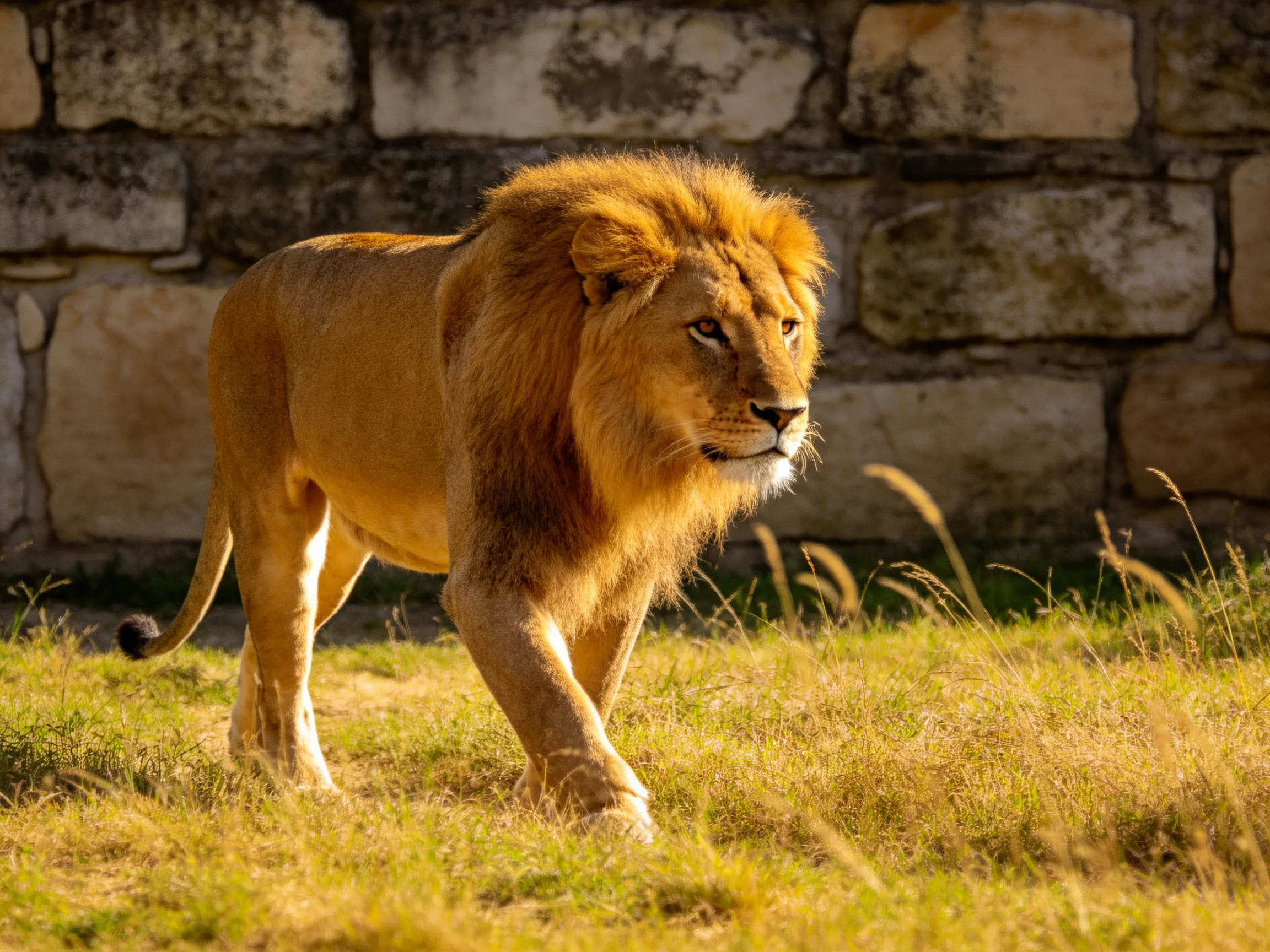 A majestic golden-maned lion walks near an aged stone wall