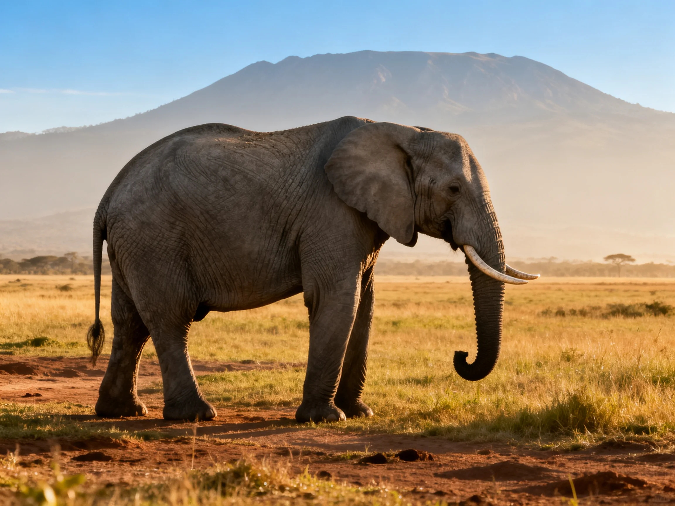 A majestic gray elephant in golden savannah near misty mountain