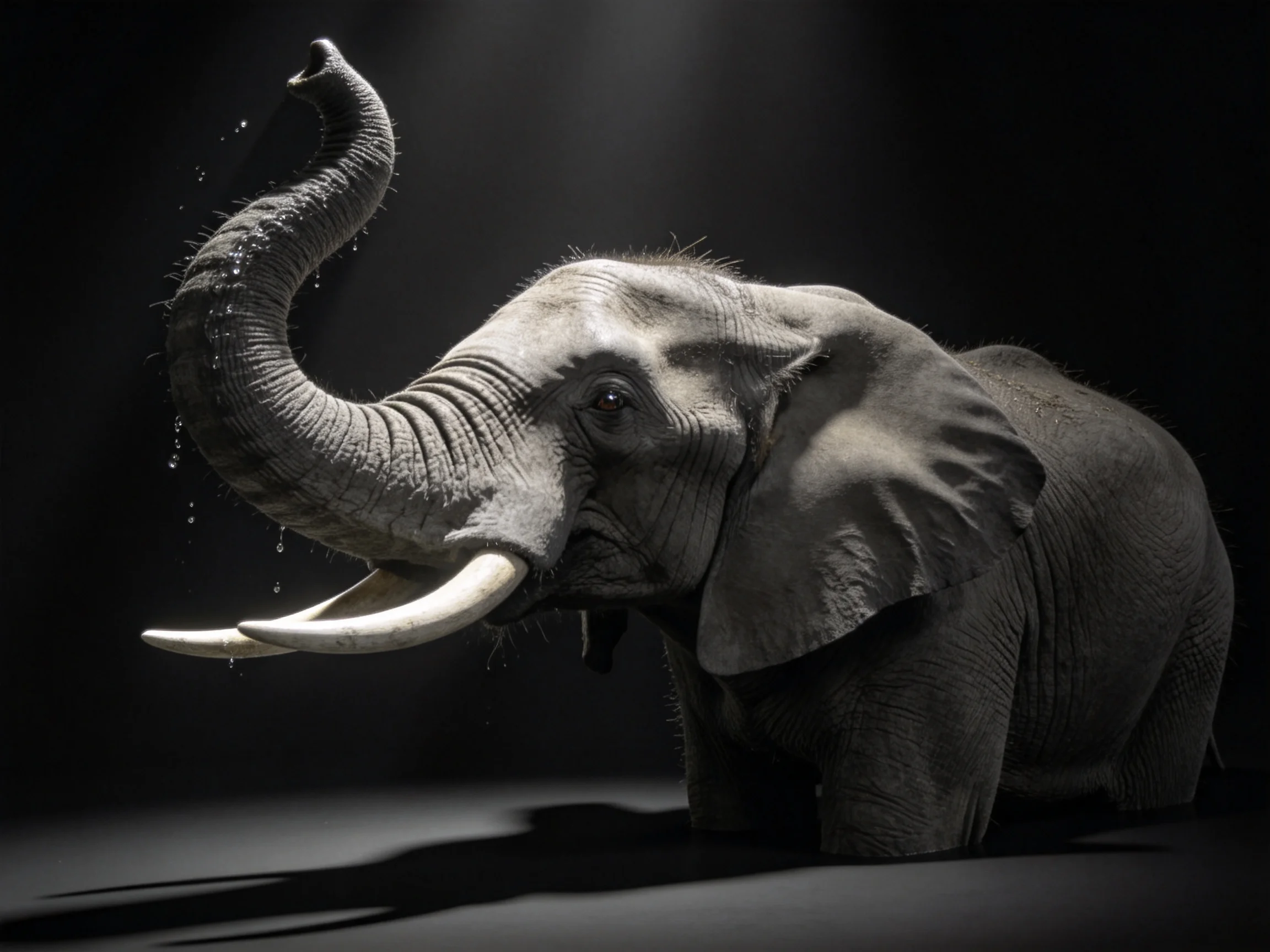 A majestic gray elephant spraying water with long ivory tusks against a dark backdrop
