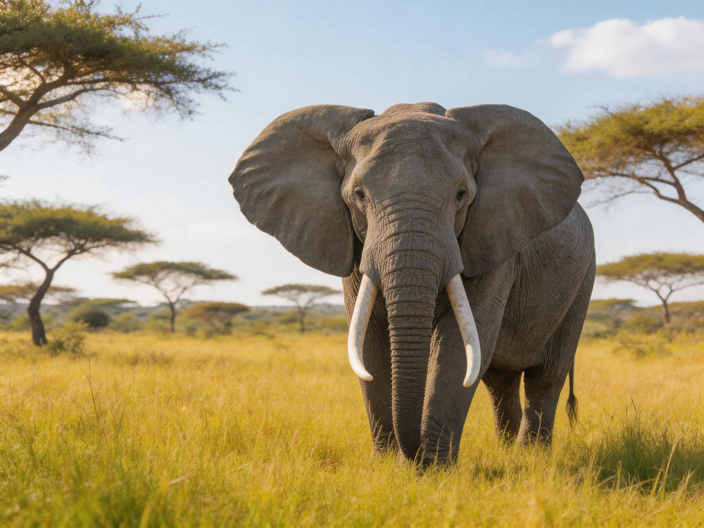 A majestic gray elephant stands in golden savannah grass near acacia trees