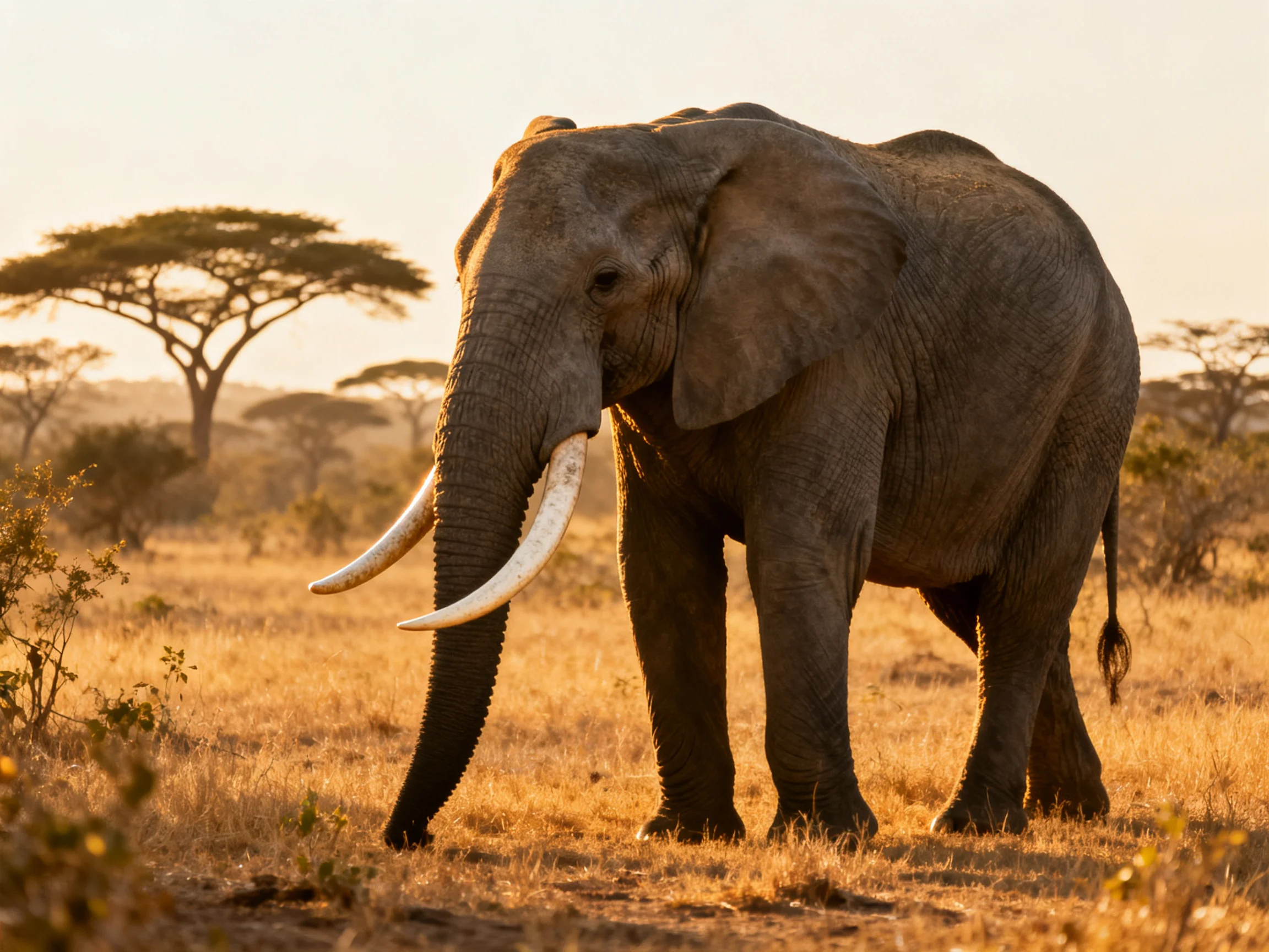 A large gray elephant with long tusks stands in a sunlit savannah landscape.