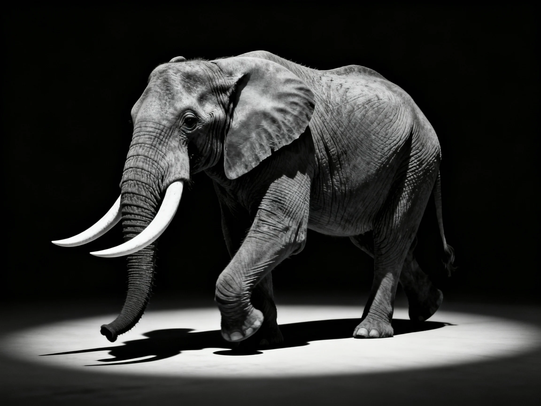 A majestic gray elephant with prominent tusks illuminated by a focused spotlight