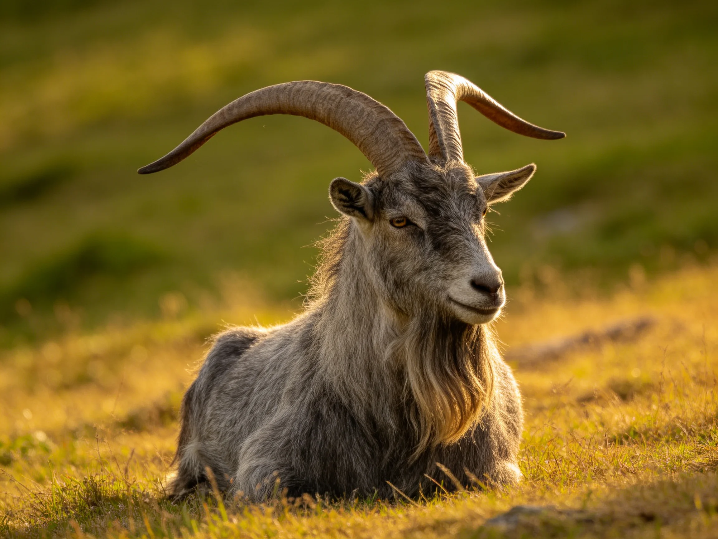 A horned goat sits calmly in a sunlit meadow.