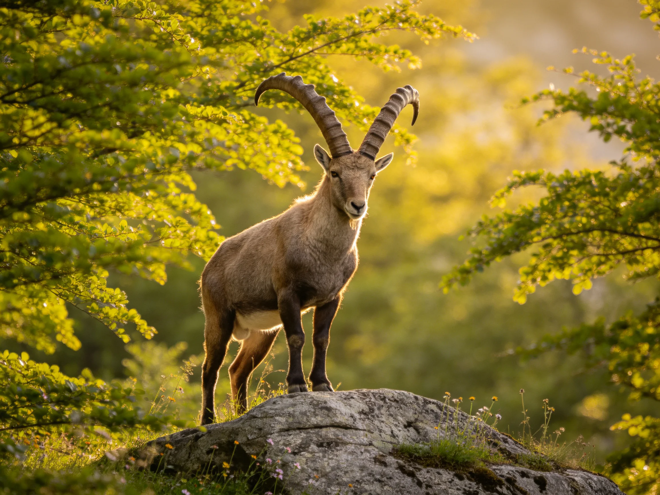 A majestic ibex stands atop a mossy rock amid lush green foliage