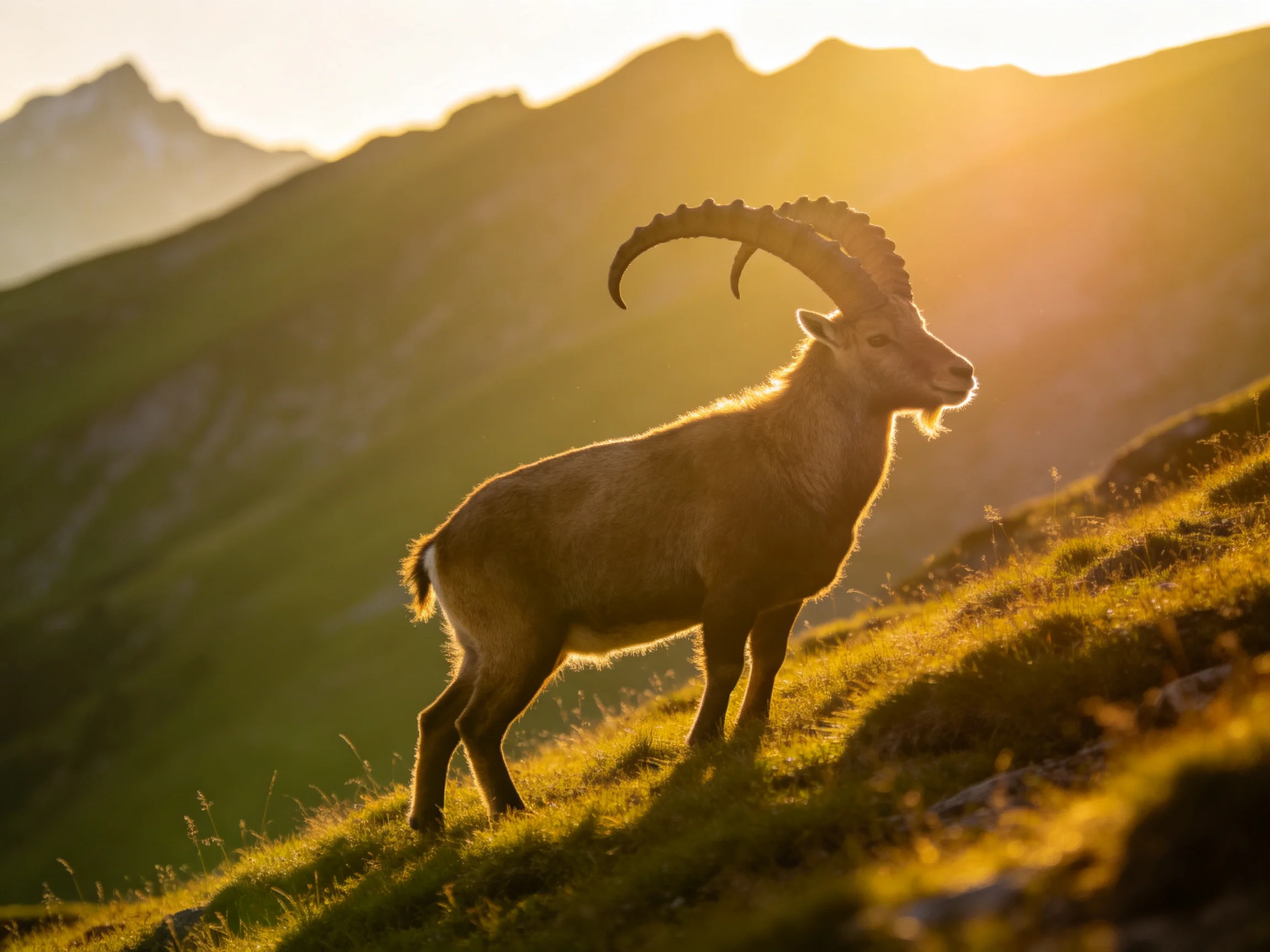 A majestic ibex with curved horns on a sunlit mountain slope