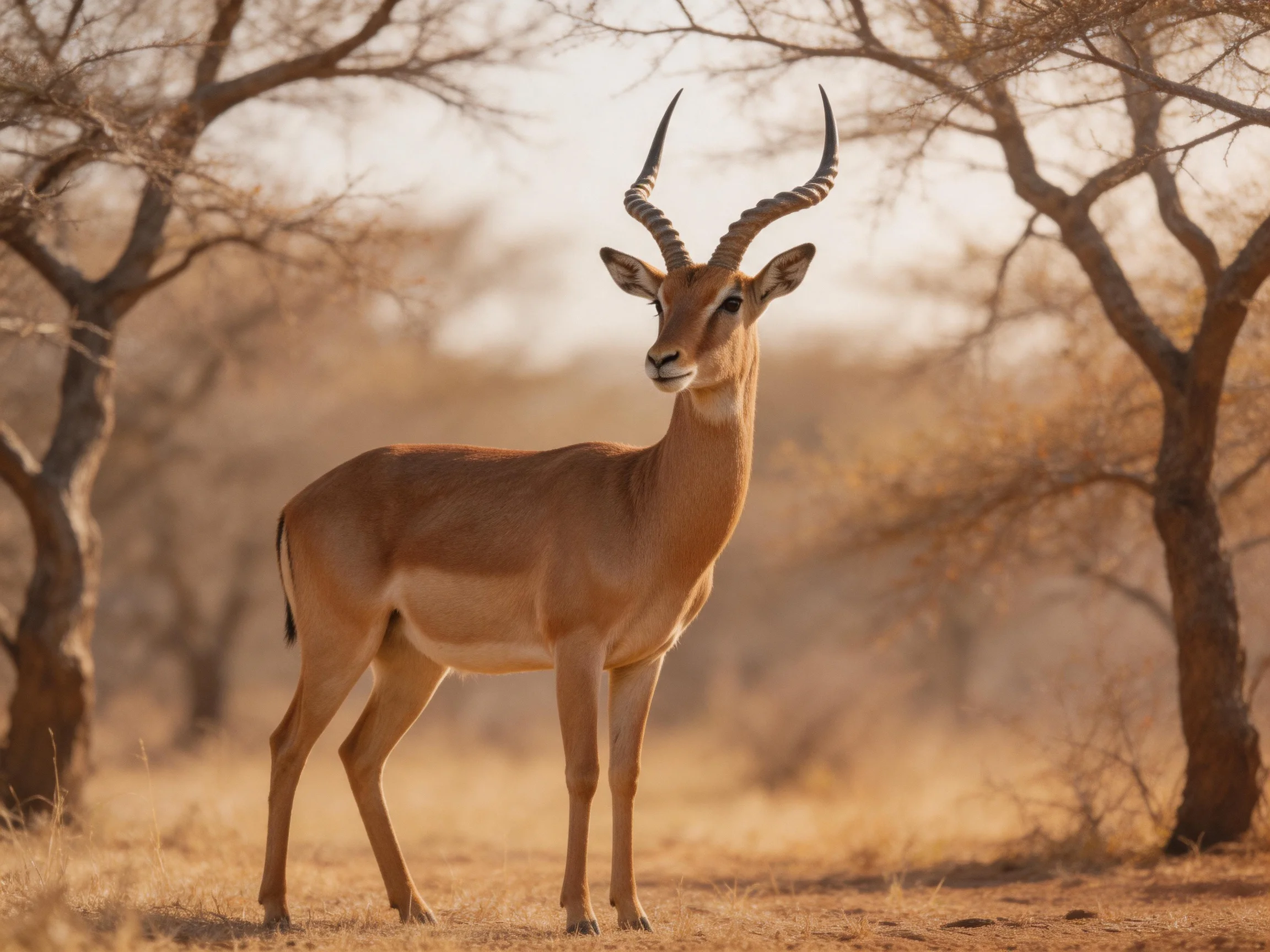 A majestic impala stands amid dry acacia trees in golden light