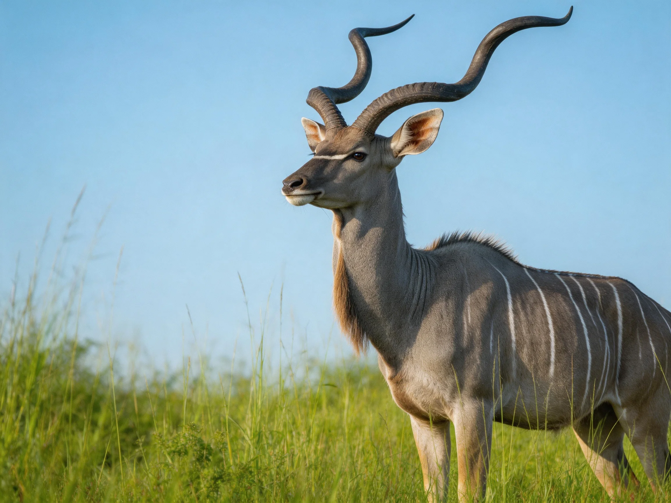 A kudu with a striped body stands among tall green grass under a clear blue sky.
