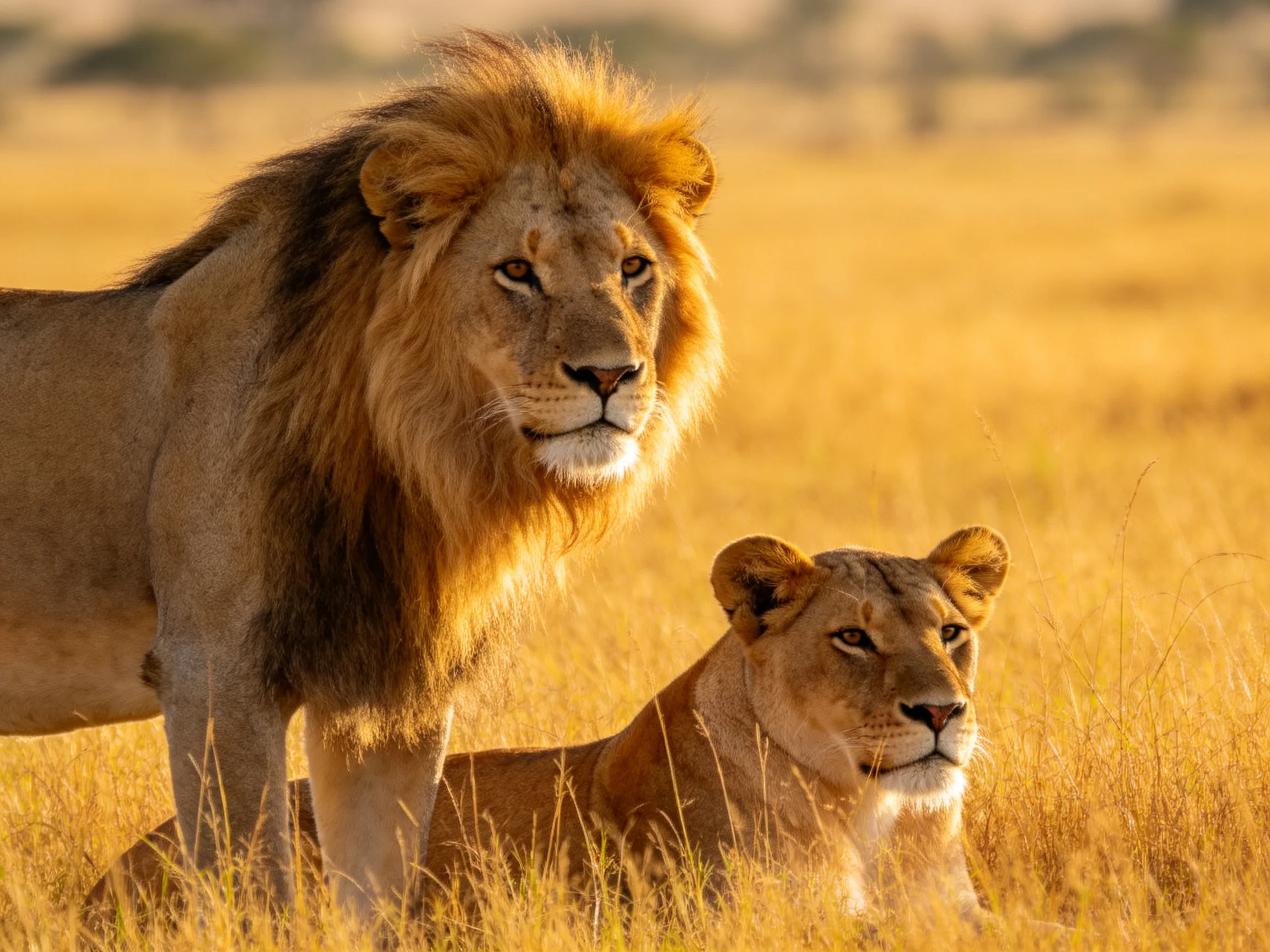 A majestic lion and lioness in golden savannah grasslands