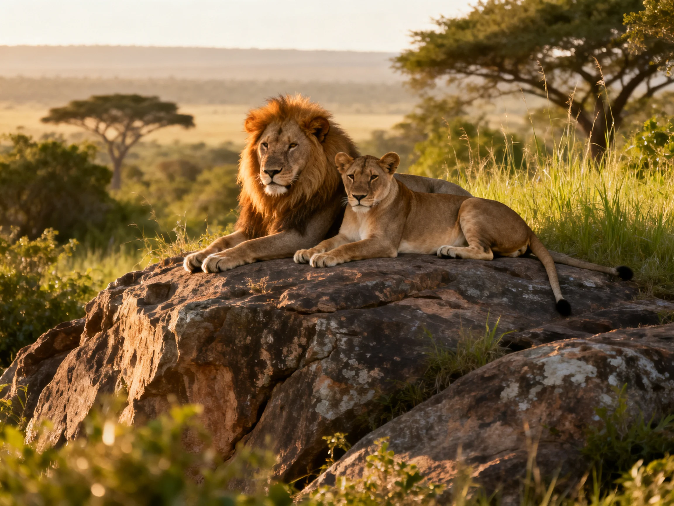 A majestic lion and lioness rest on rocky terrain in golden savannah