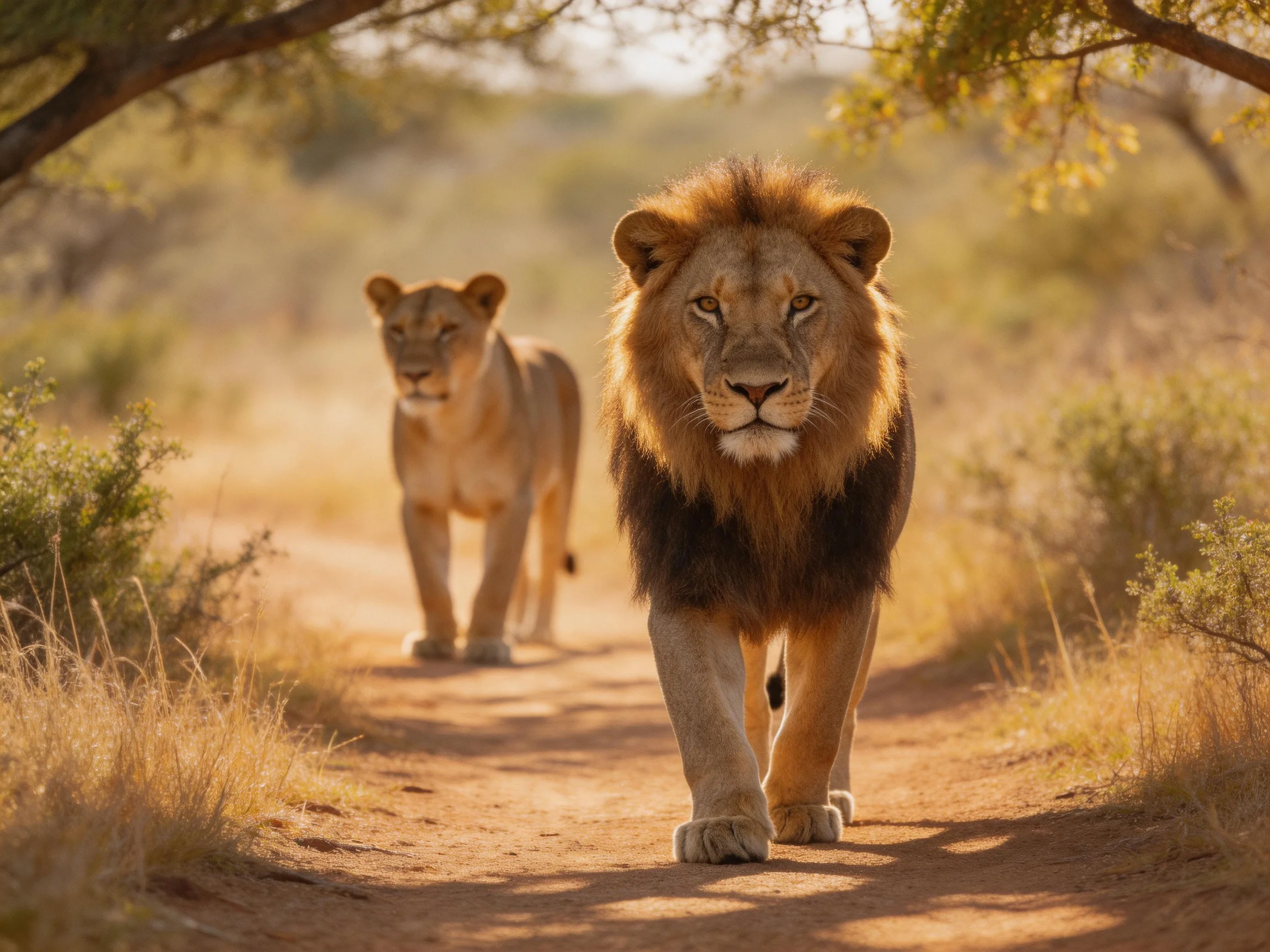 A majestic lion and lioness walk along a sunlit dirt path