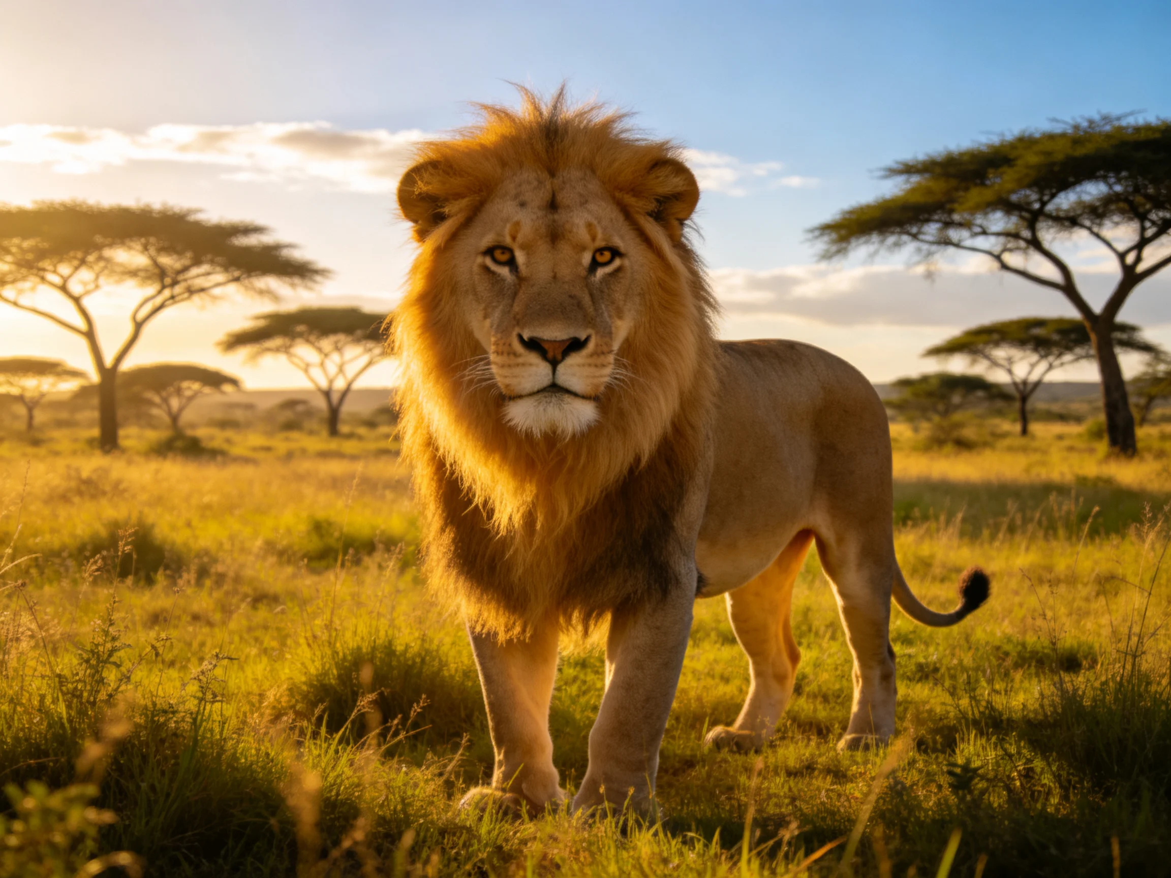 A majestic lion in a golden savannah with acacia trees