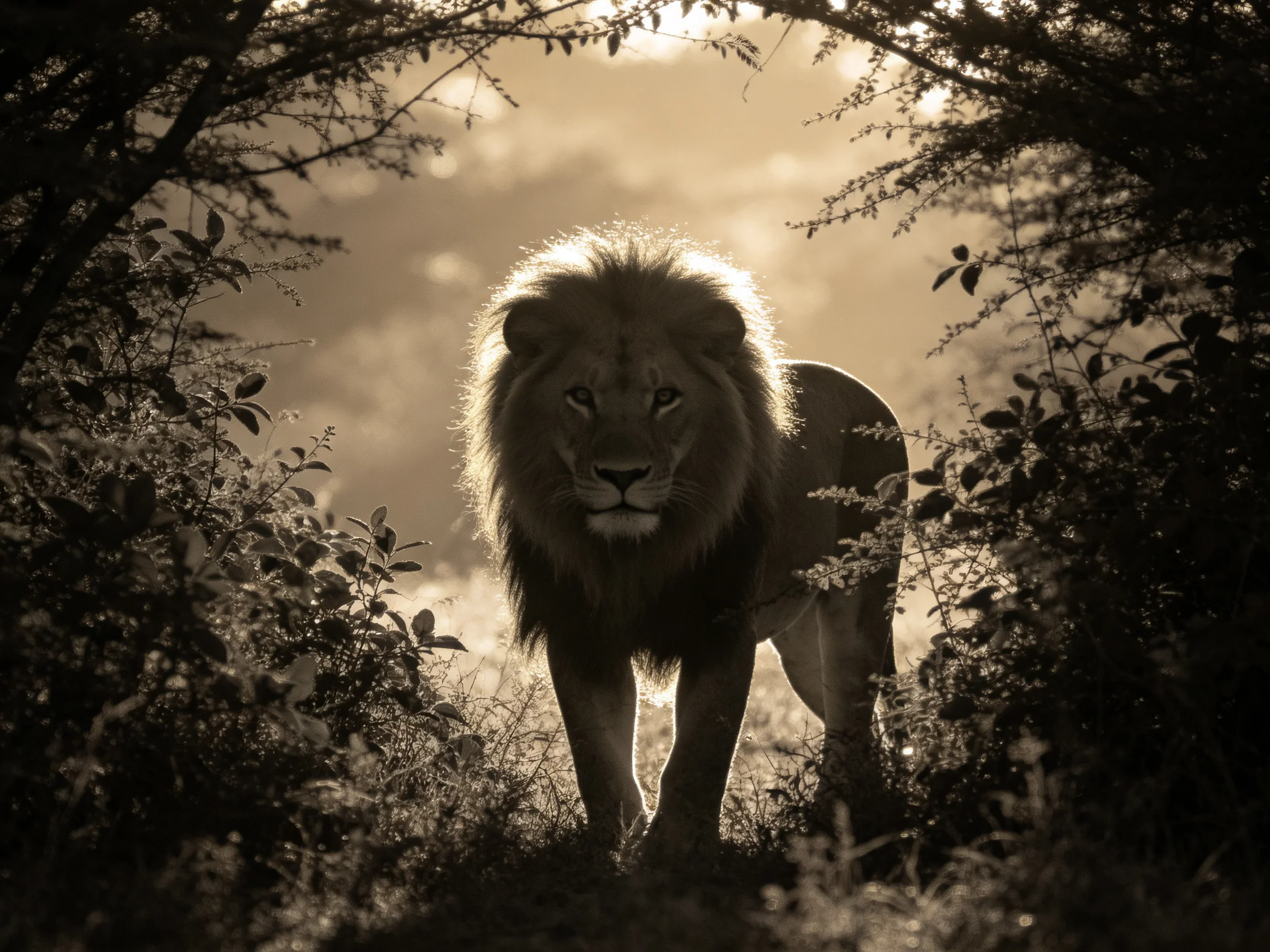 A majestic lion moves through thick vegetation under golden light