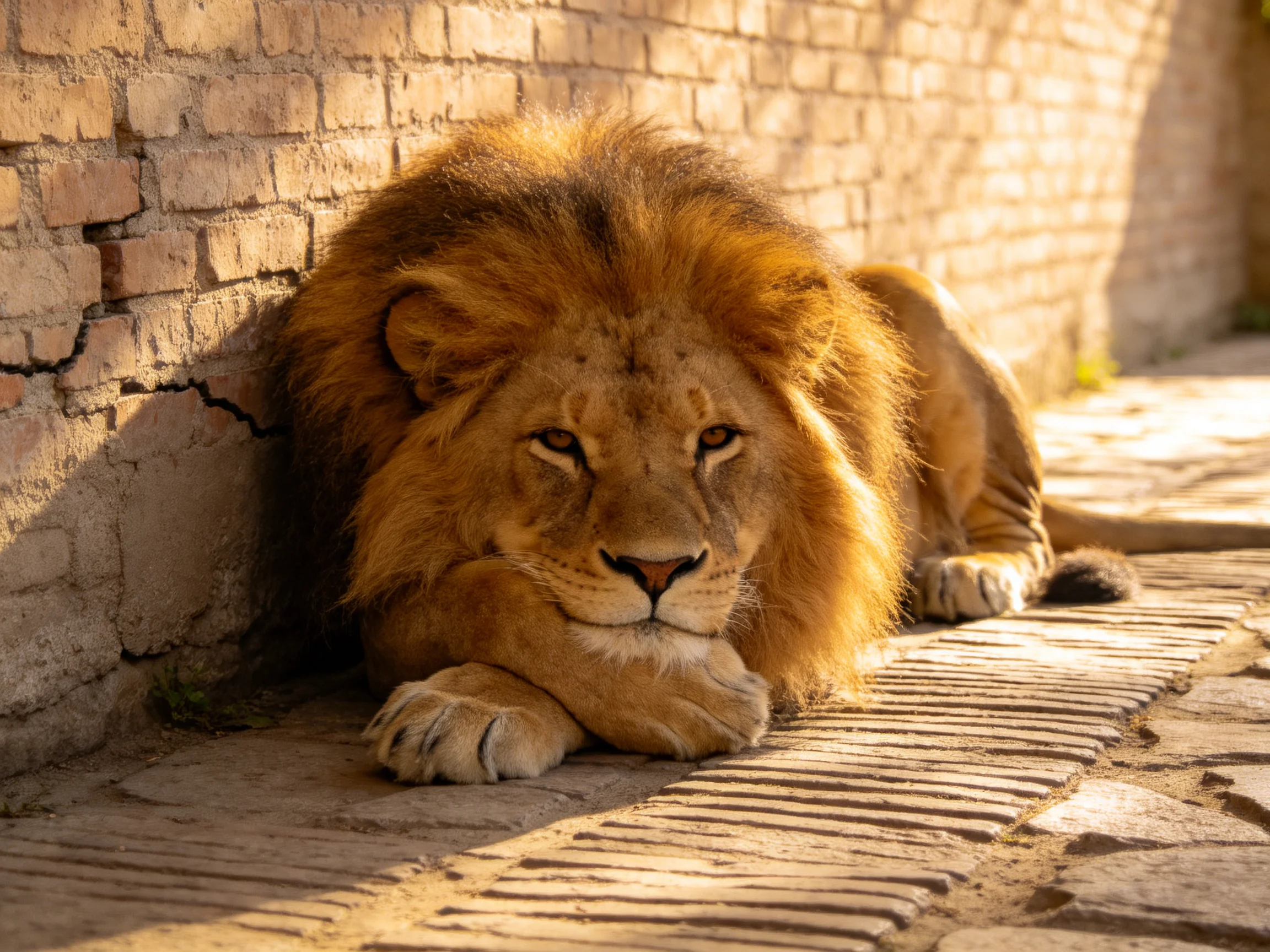 A majestic lion rests against an aged brick wall in golden sunlight