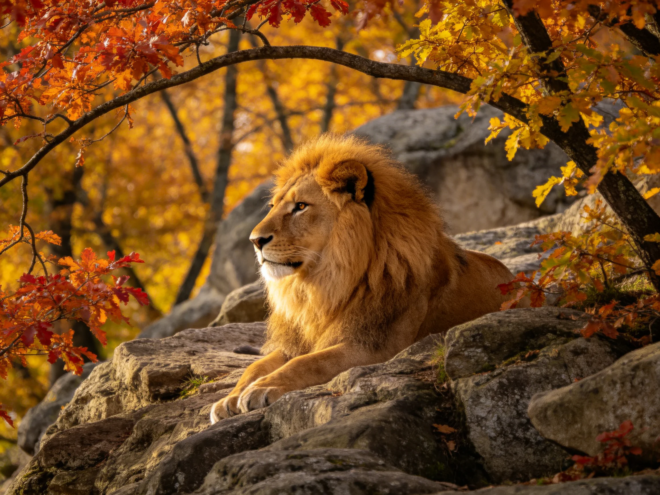 A lion lies on rocks among colorful autumn trees.