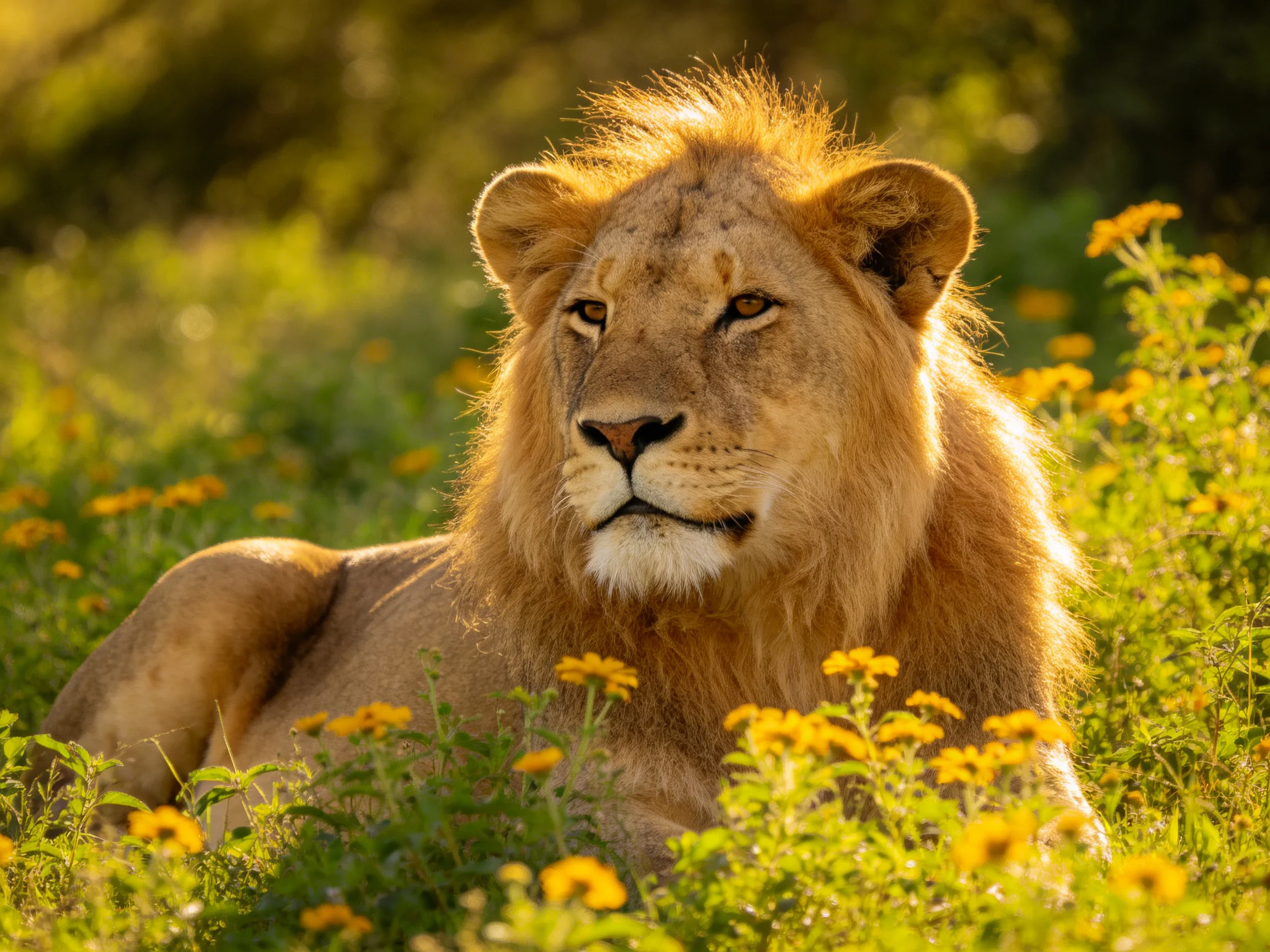 A lion lies calmly among yellow wildflowers in a sunlit natural setting.