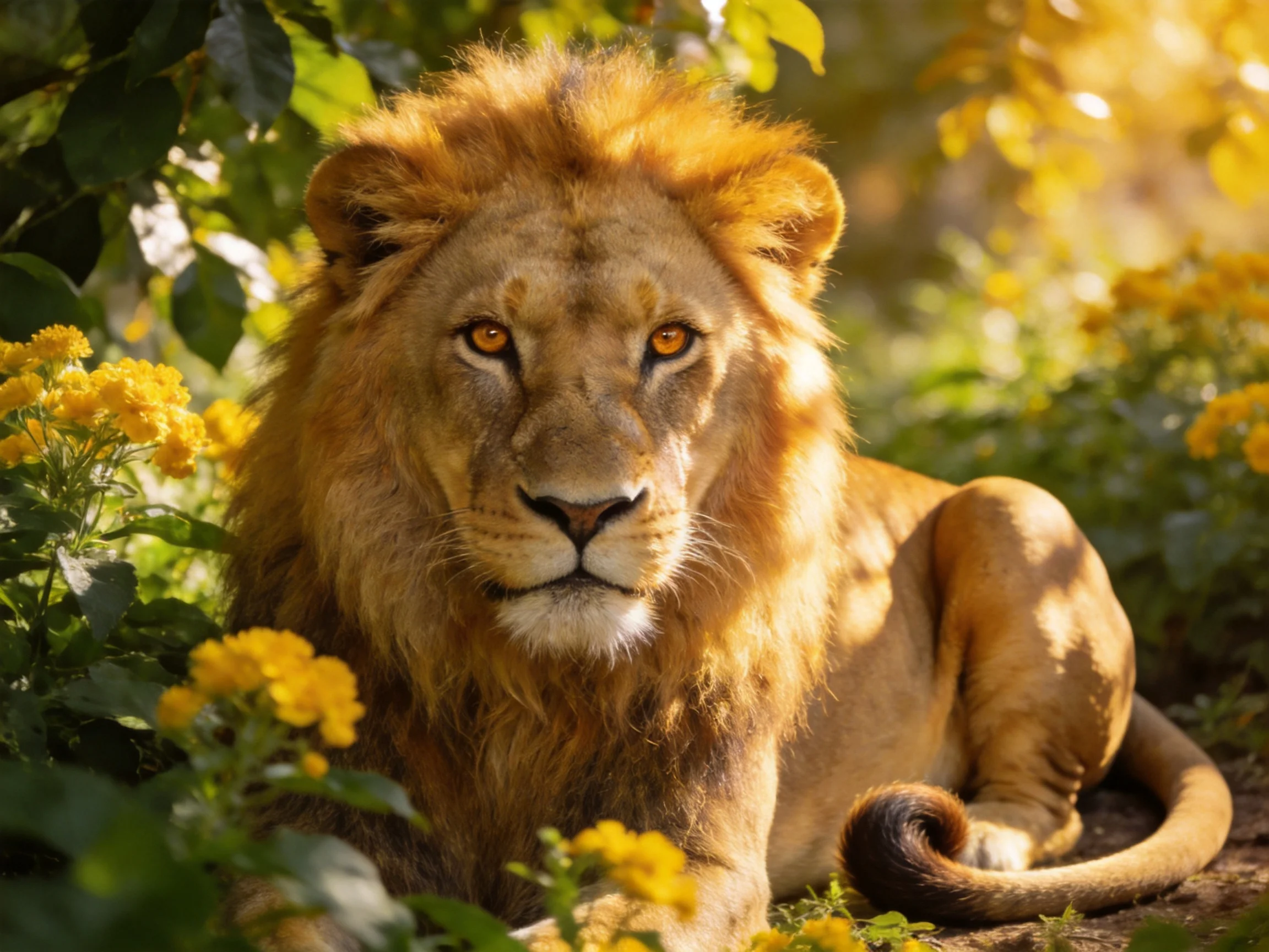 A majestic lion rests among vibrant yellow flowers and sun-dappled greenery