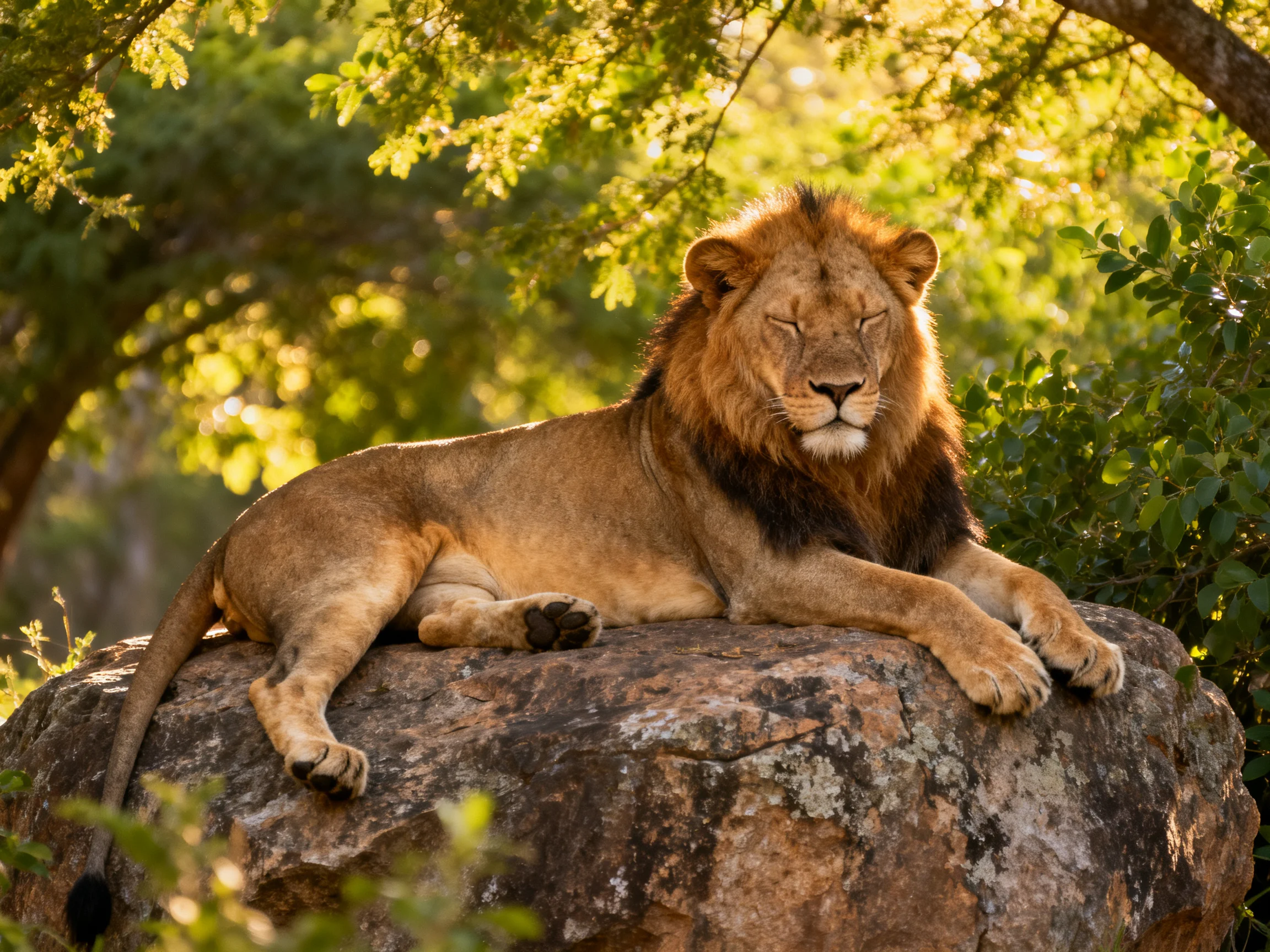 A lion lies calmly on a rock surrounded by greenery in a sunlit environment.