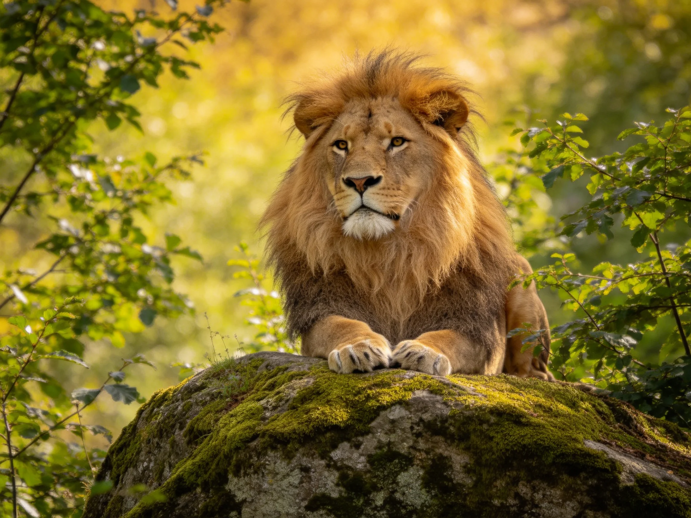 A majestic lion rests atop a moss-covered rock amid lush green foliage
