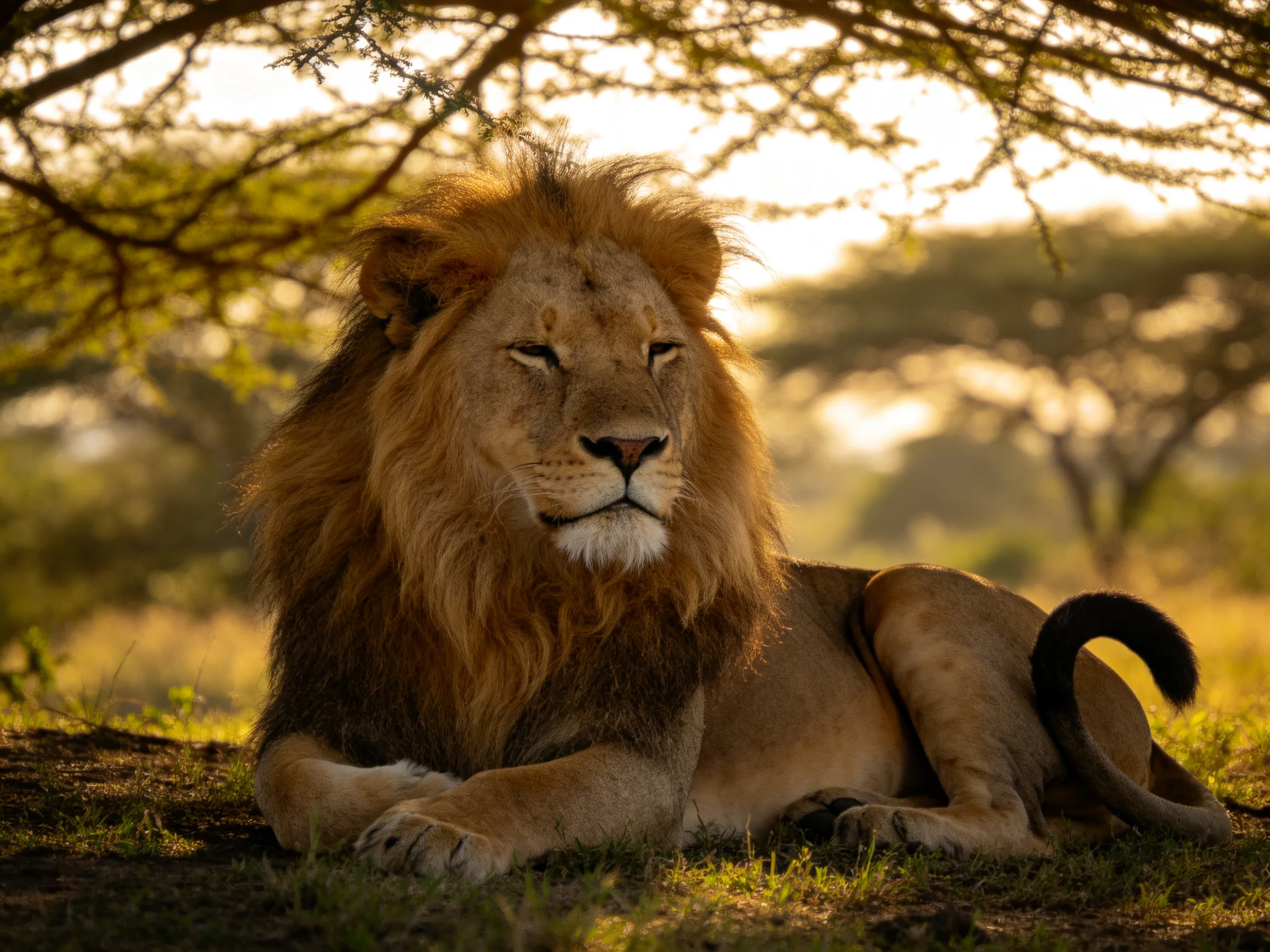 A majestic lion rests beneath golden acacia trees