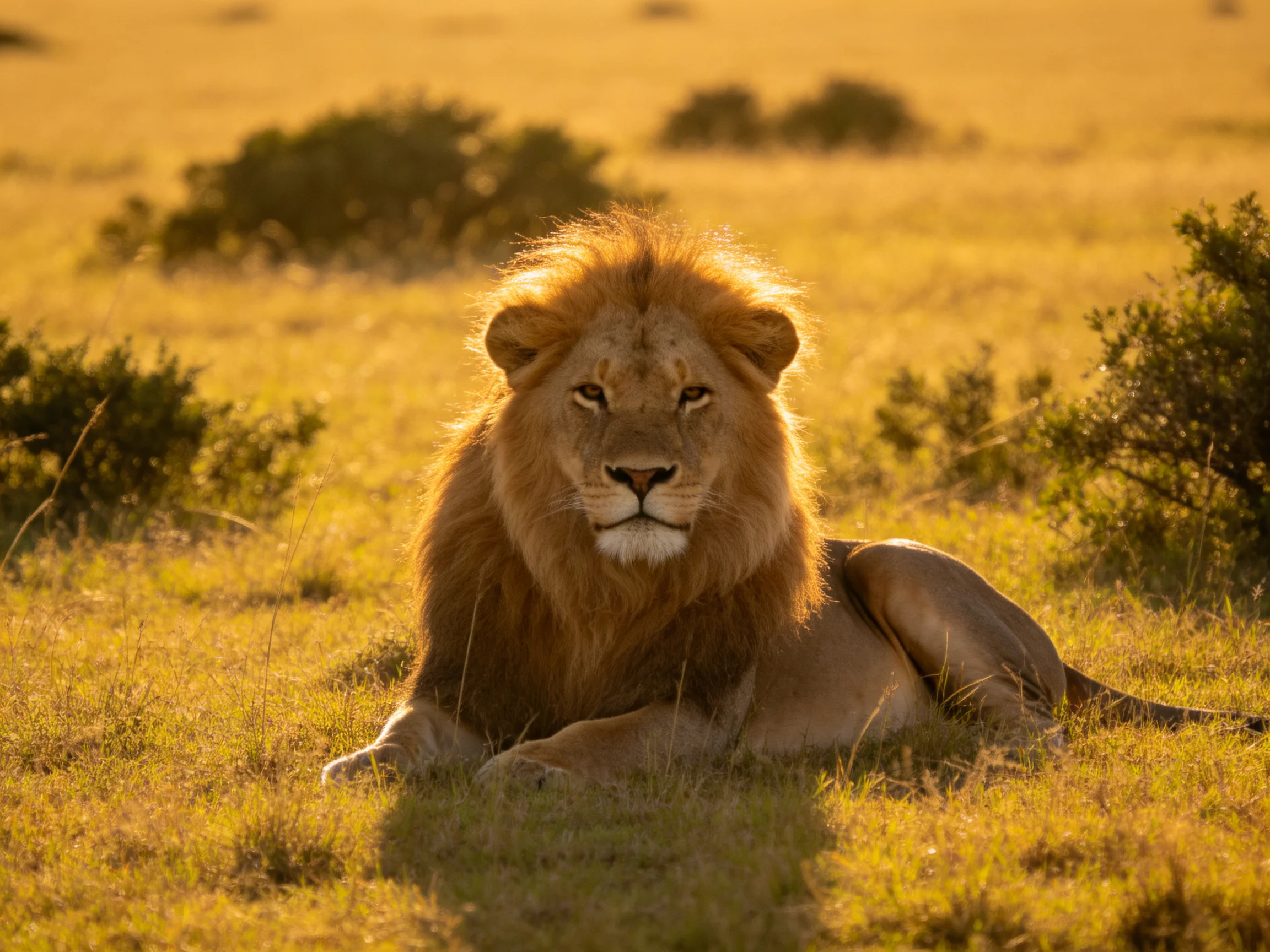 A lion rests peacefully in a sunlit savannah with surrounding bushes.