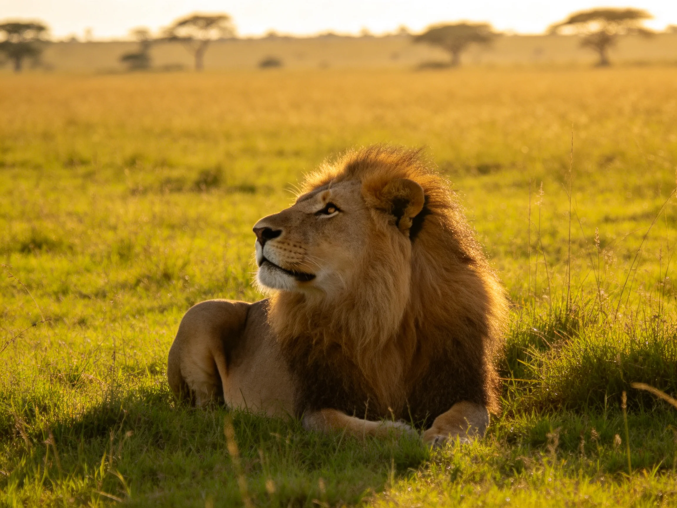 A majestic lion rests in a golden savannah landscape