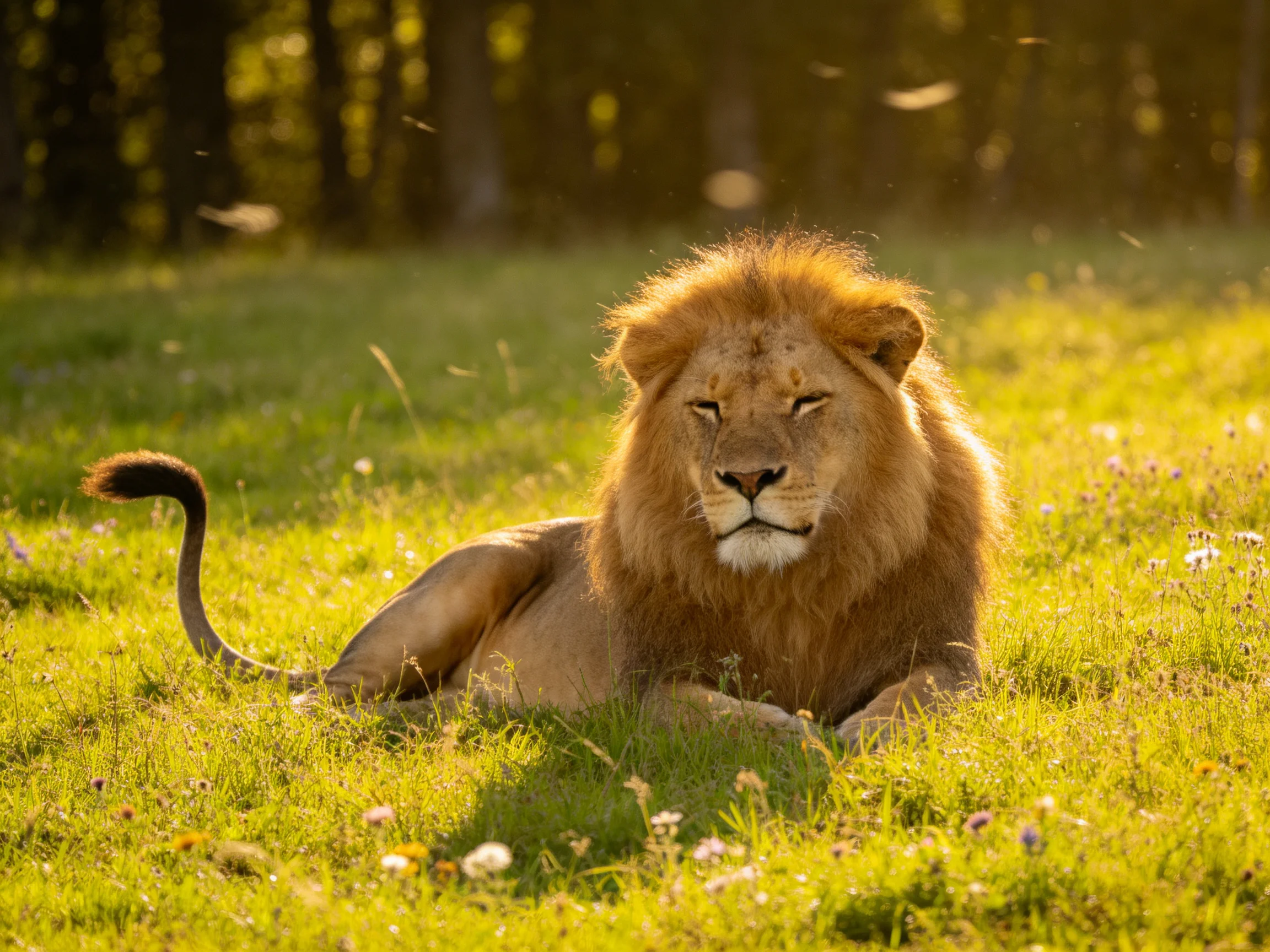 A majestic lion rests in a sun-drenched grassy meadow near trees
