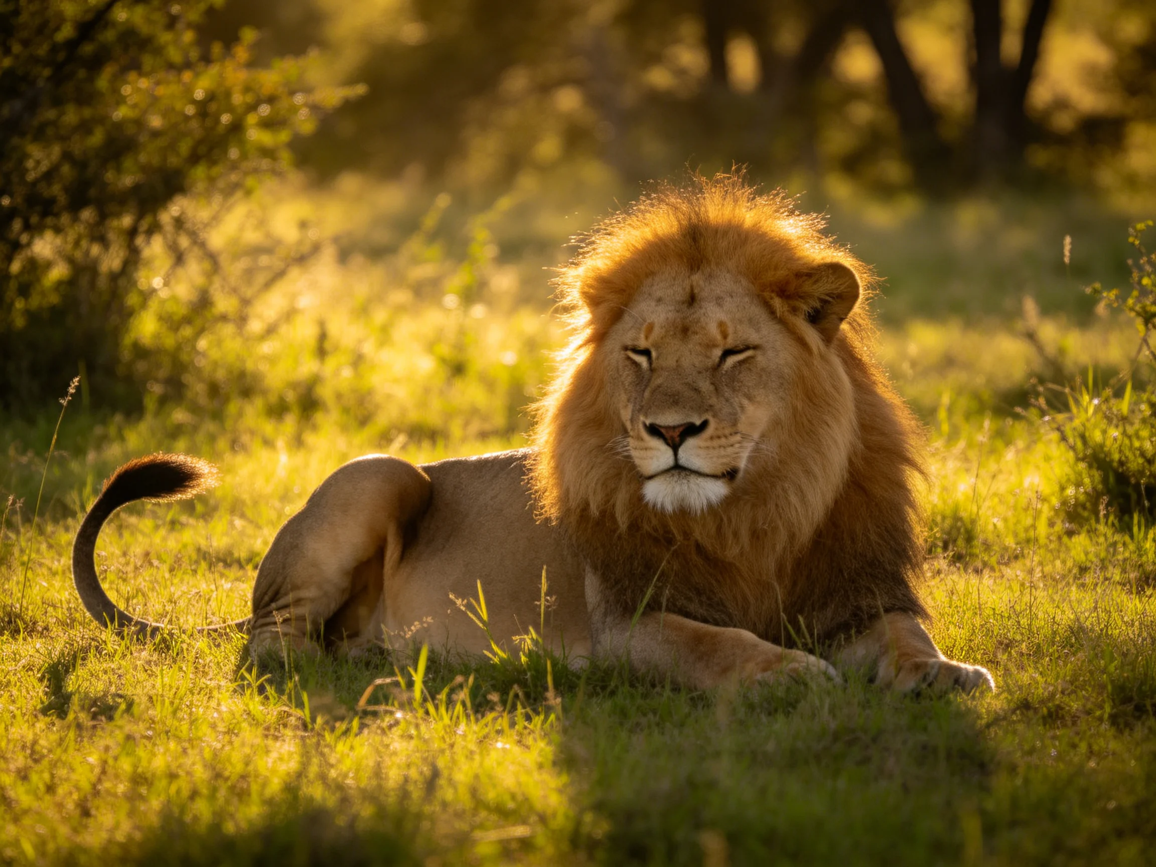 A majestic lion rests in golden savannah grass under warm sunlight