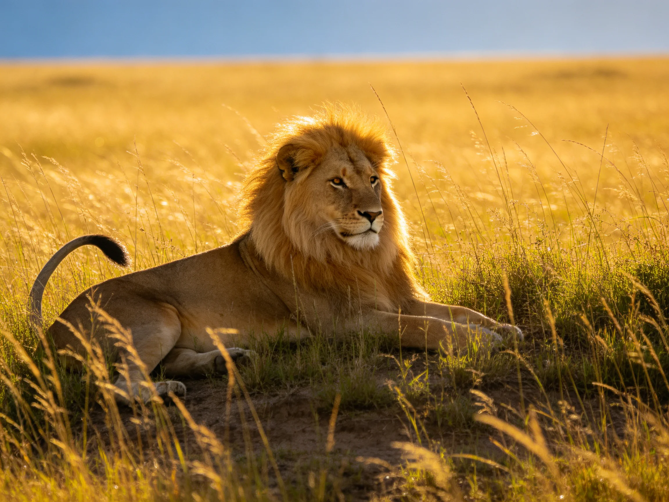 A lion lies calmly among tall golden grasses in a sunlit savannah.
