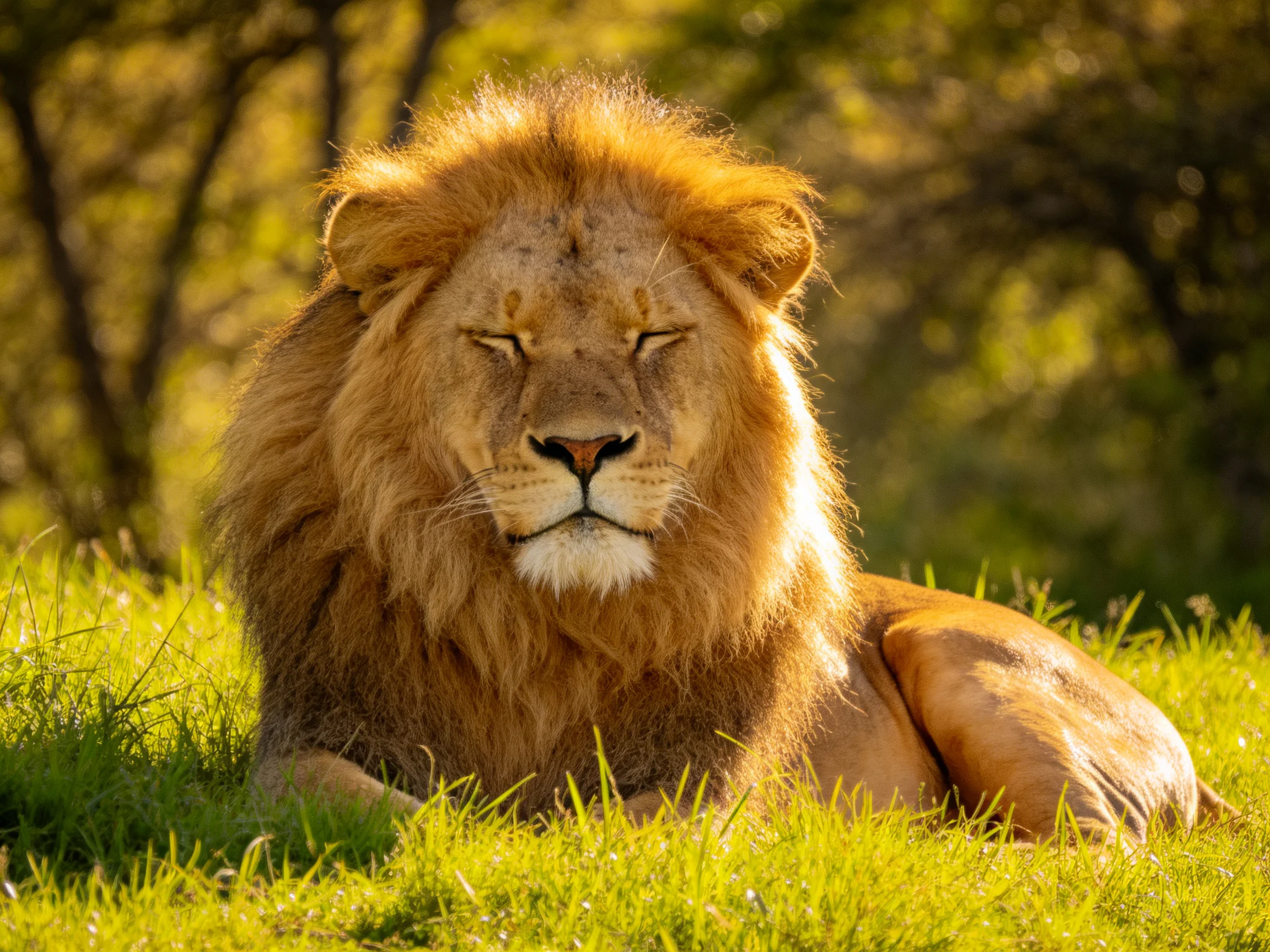 A majestic lion rests in sun-drenched green grass with golden mane