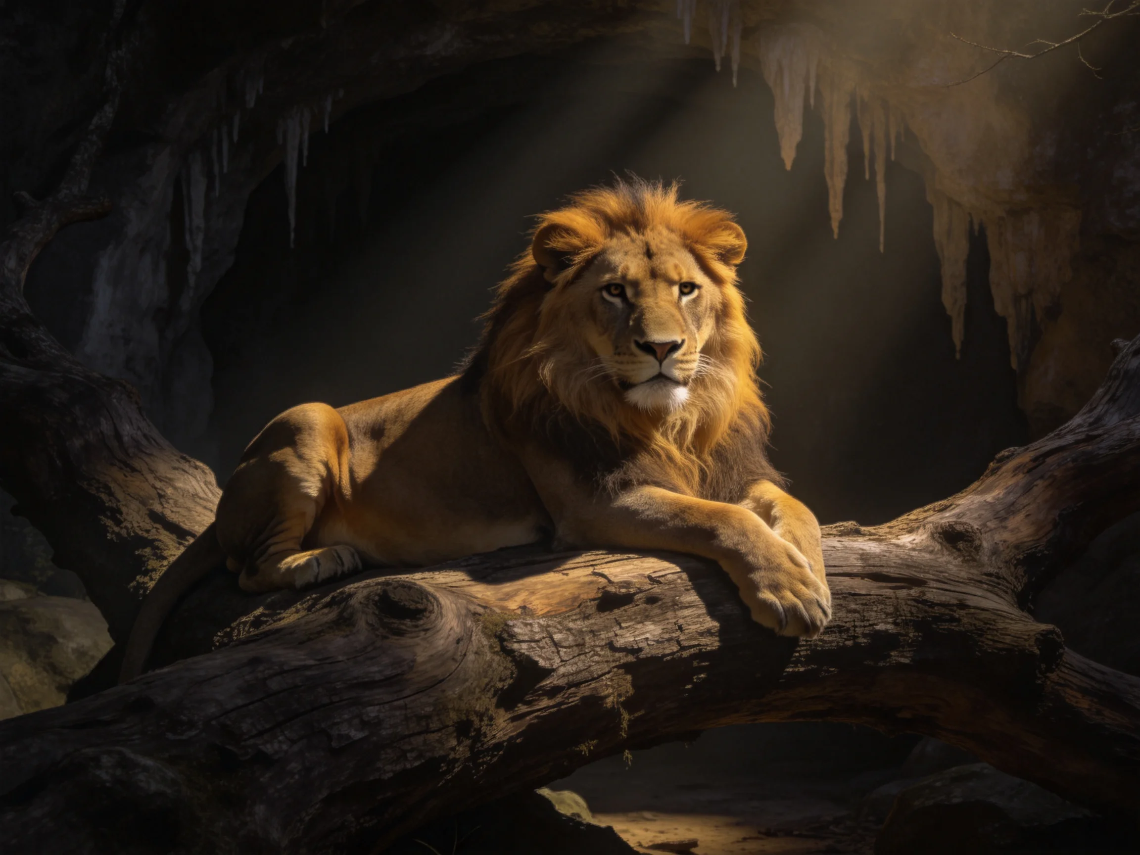 A lion relaxes on a log in a dim cave with light streaming in.