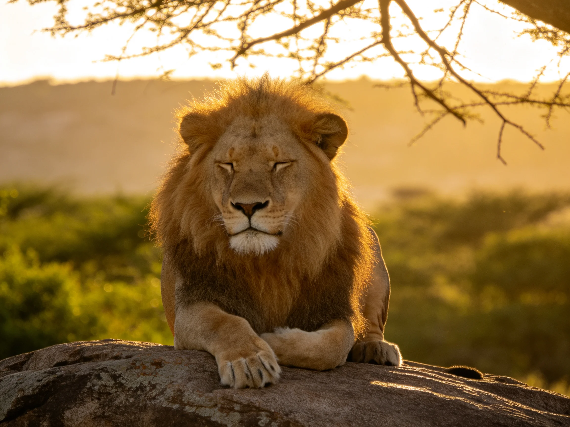 A lion relaxes atop a rock in a sunlit savannah setting.