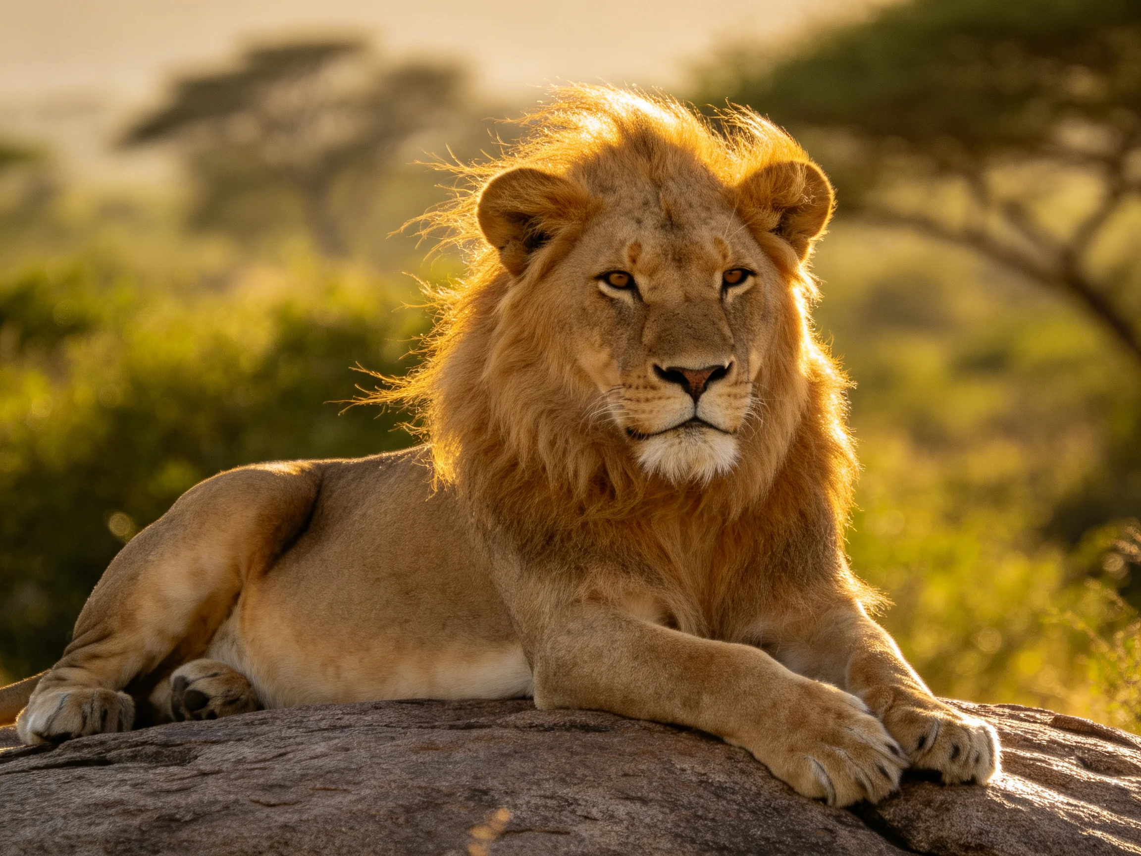 A majestic lion rests on a large rock amid golden savannah vegetation