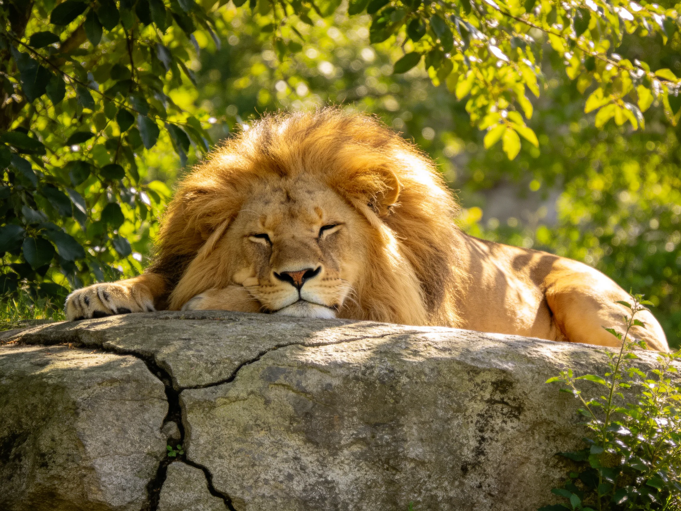 A majestic lion rests on a large stone amid lush green foliage