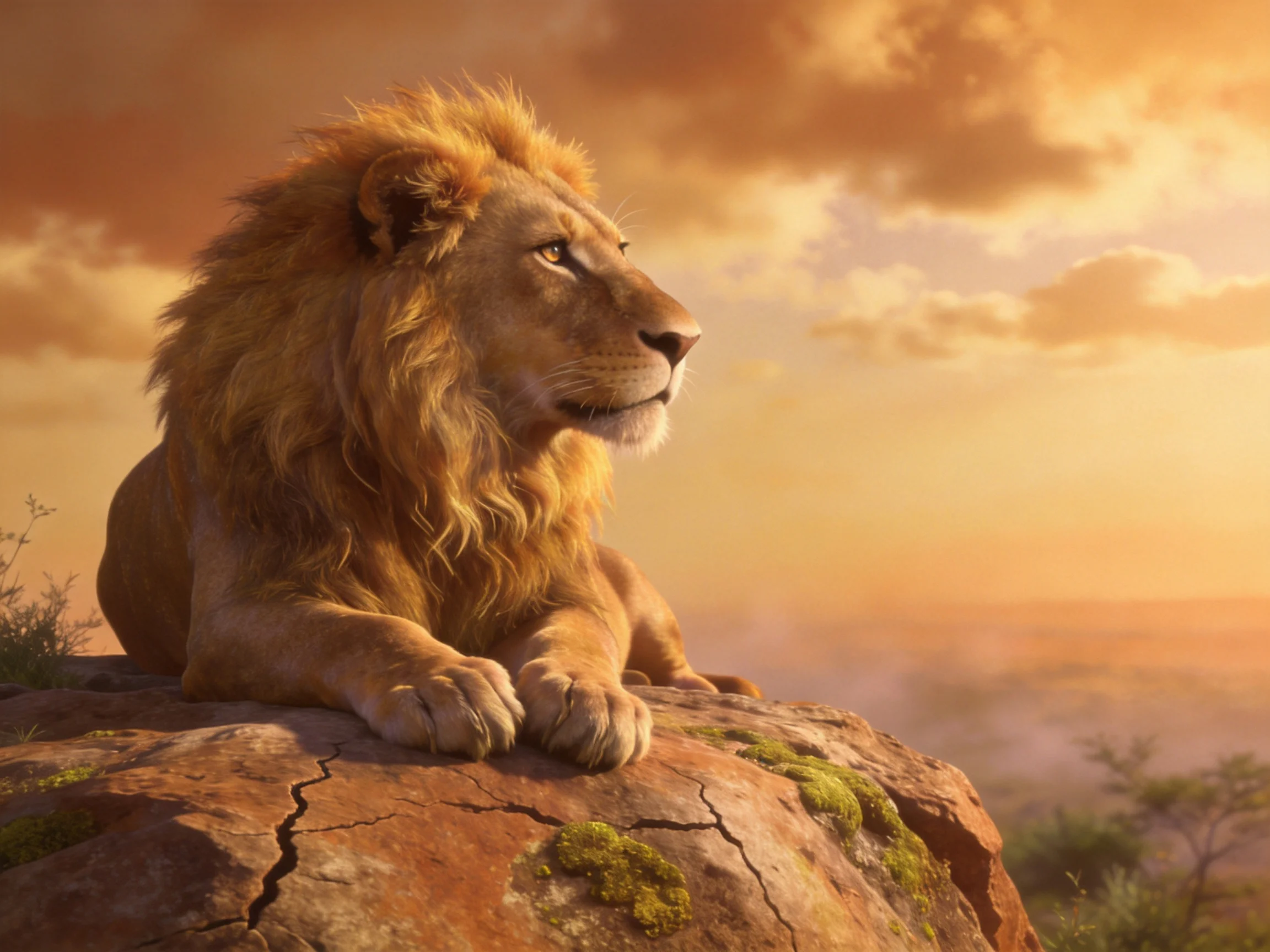 A majestic lion rests on a mossy rocky outcrop under a golden sunset sky