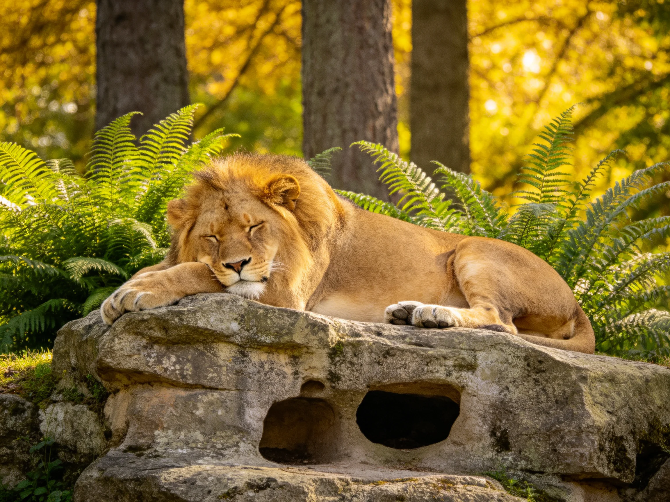 A lion sleeps peacefully atop a large stone structure near ferns and trees.