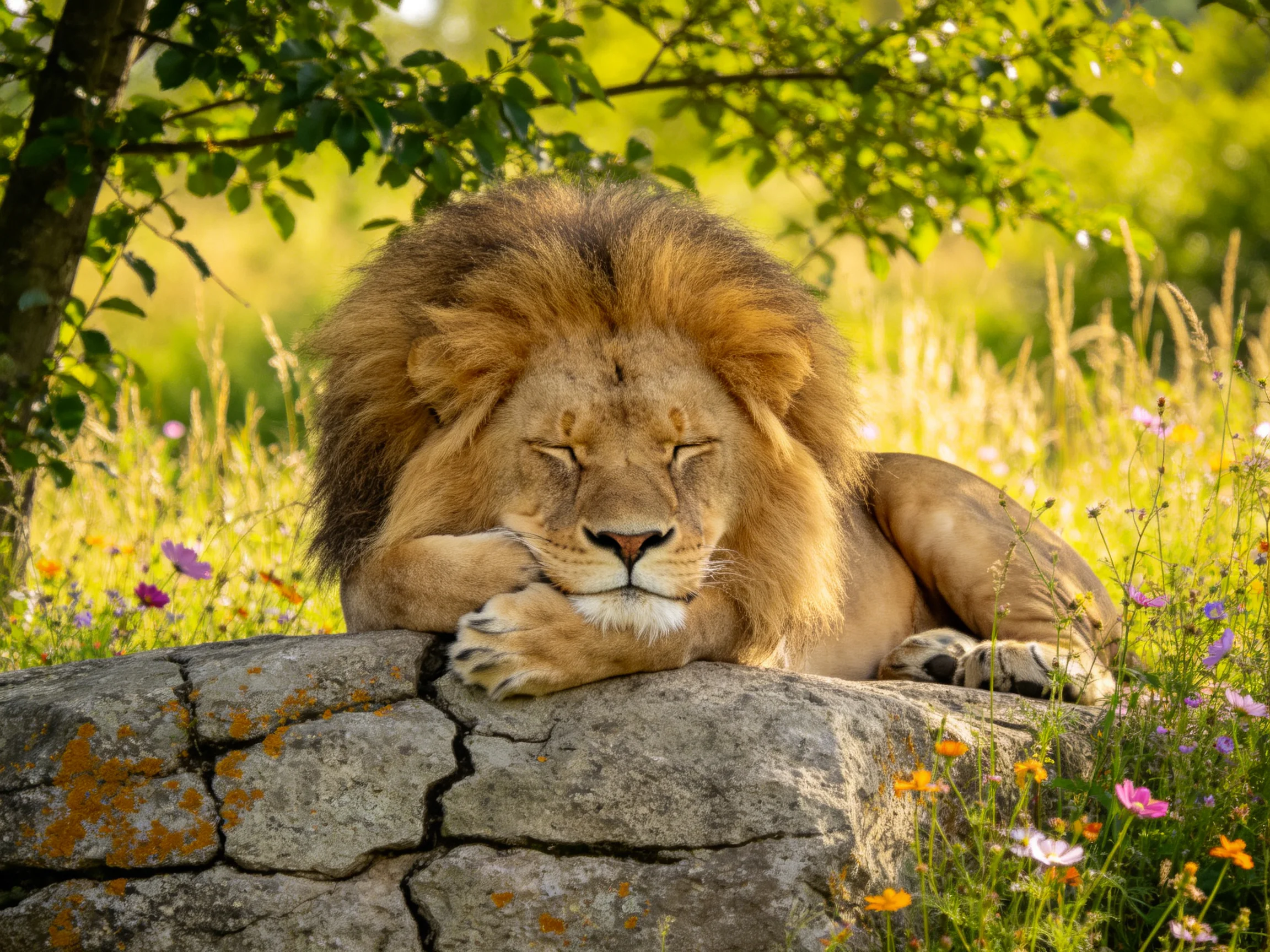 A lion sleeps peacefully atop a large rock surrounded by colorful flowers and trees.