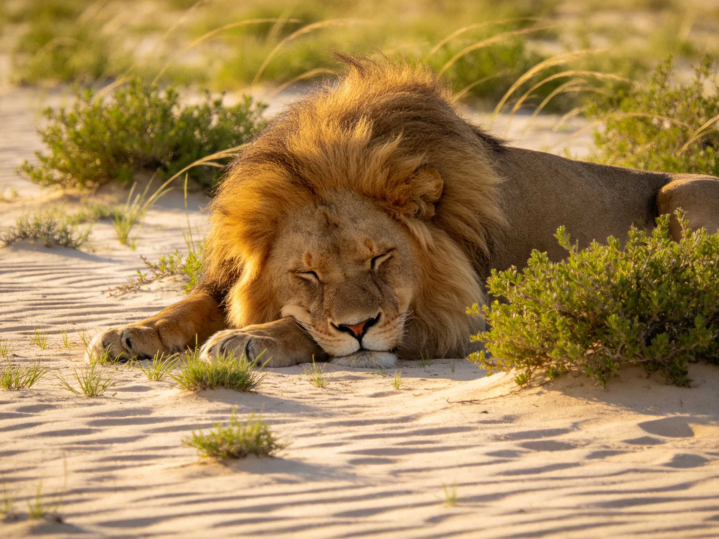 A majestic lion rests on golden sand with green shrubs