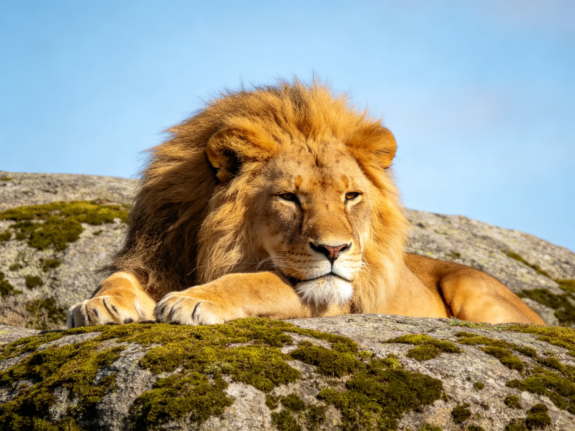 A majestic lion relaxes on moss-covered rocks beneath a bright blue sky.