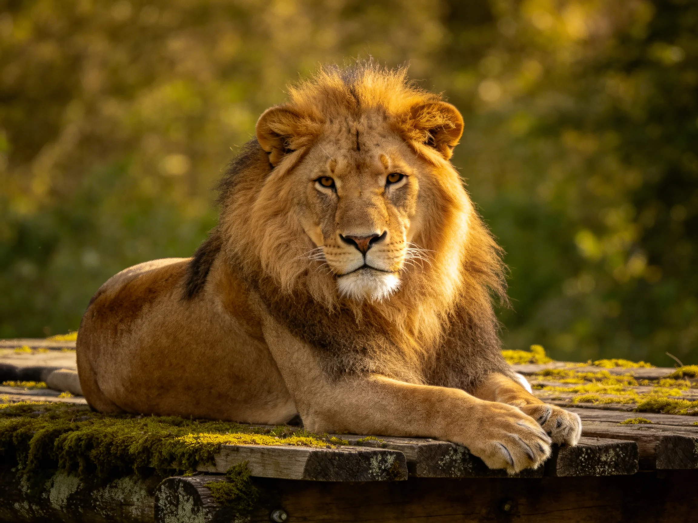 A majestic lion rests on mossy wooden planks in golden light