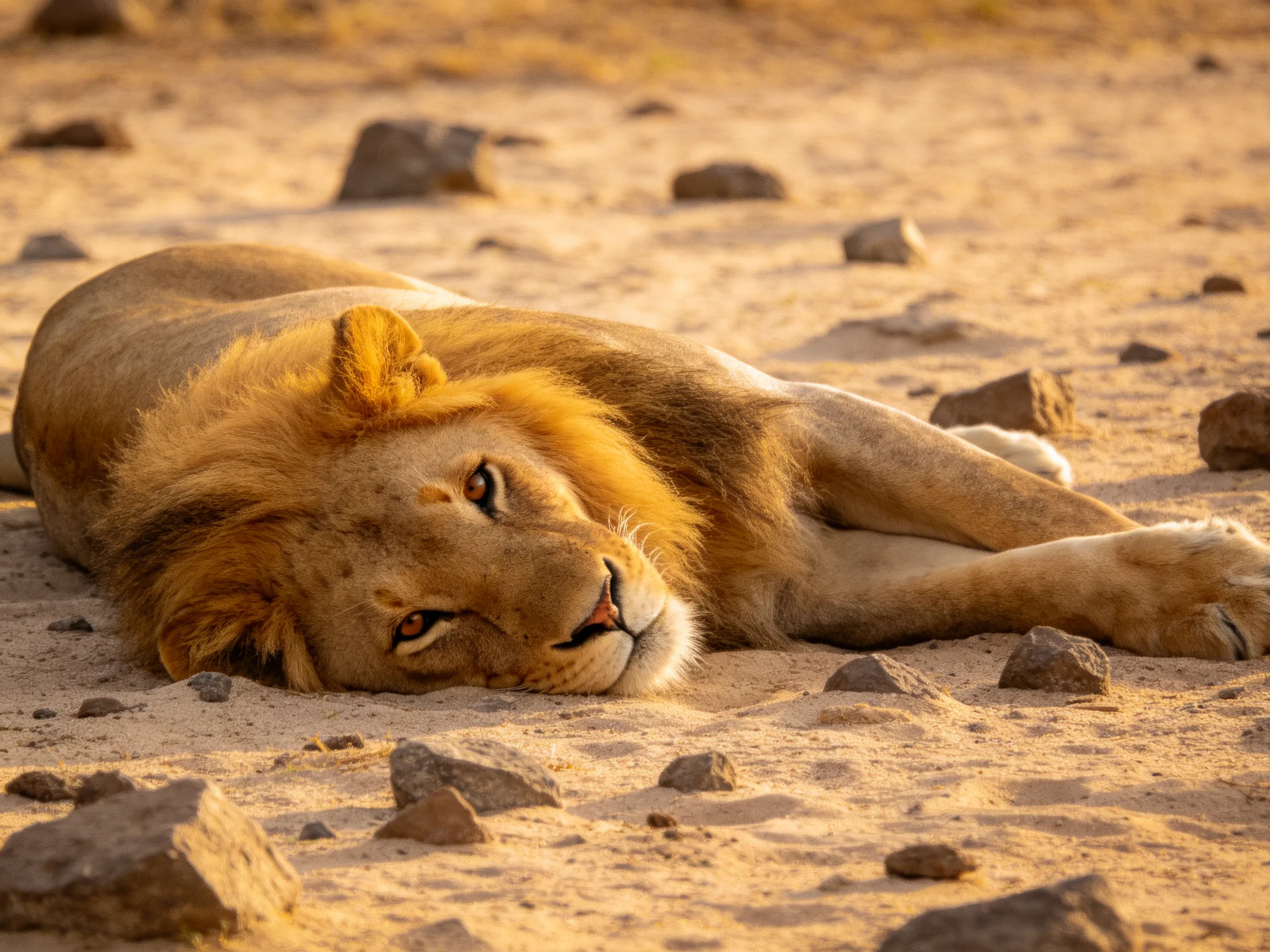A single lion lies on sandy terrain surrounded by rocks.