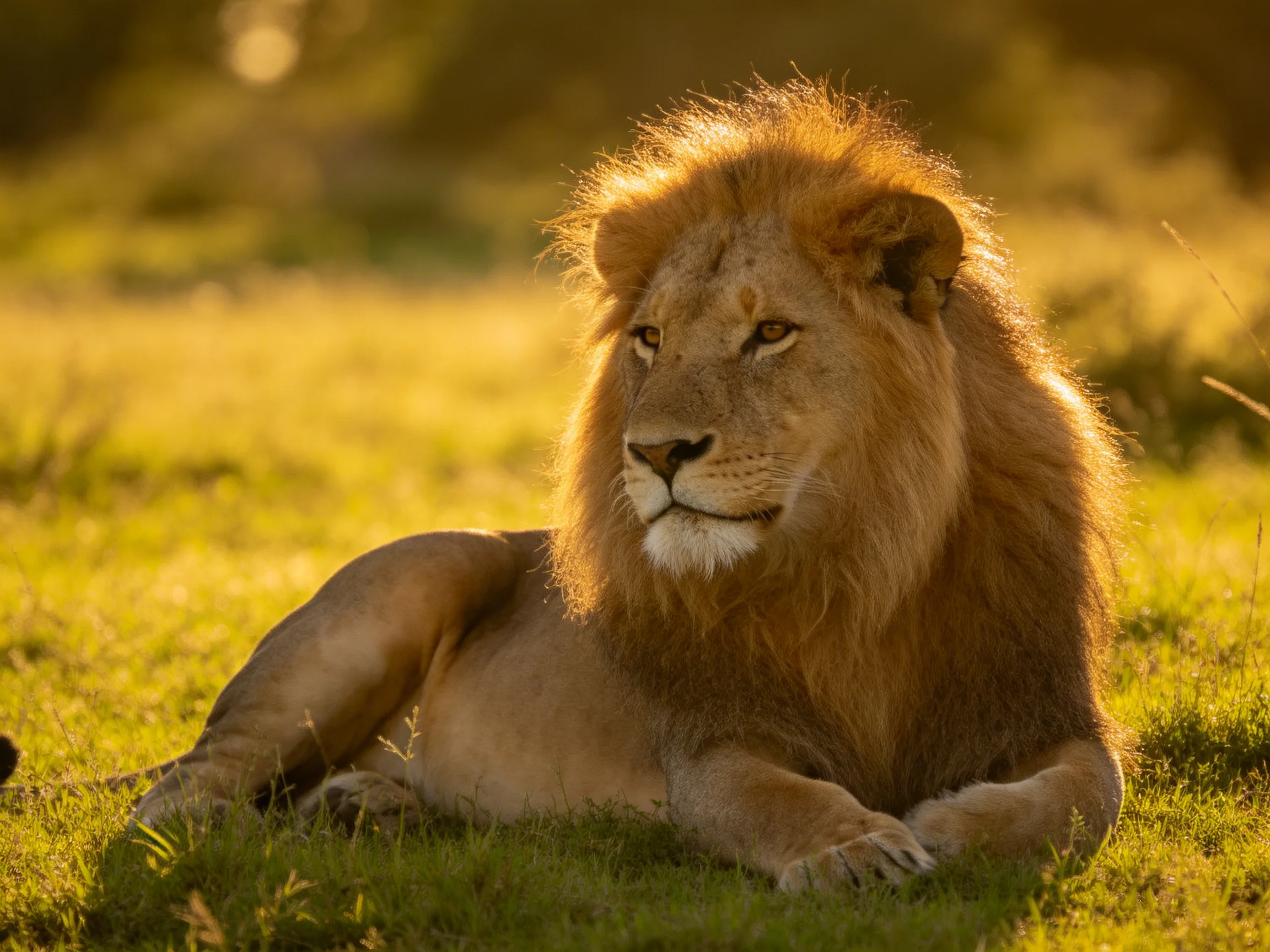 A lion relaxes on sunlit savannah grass.
