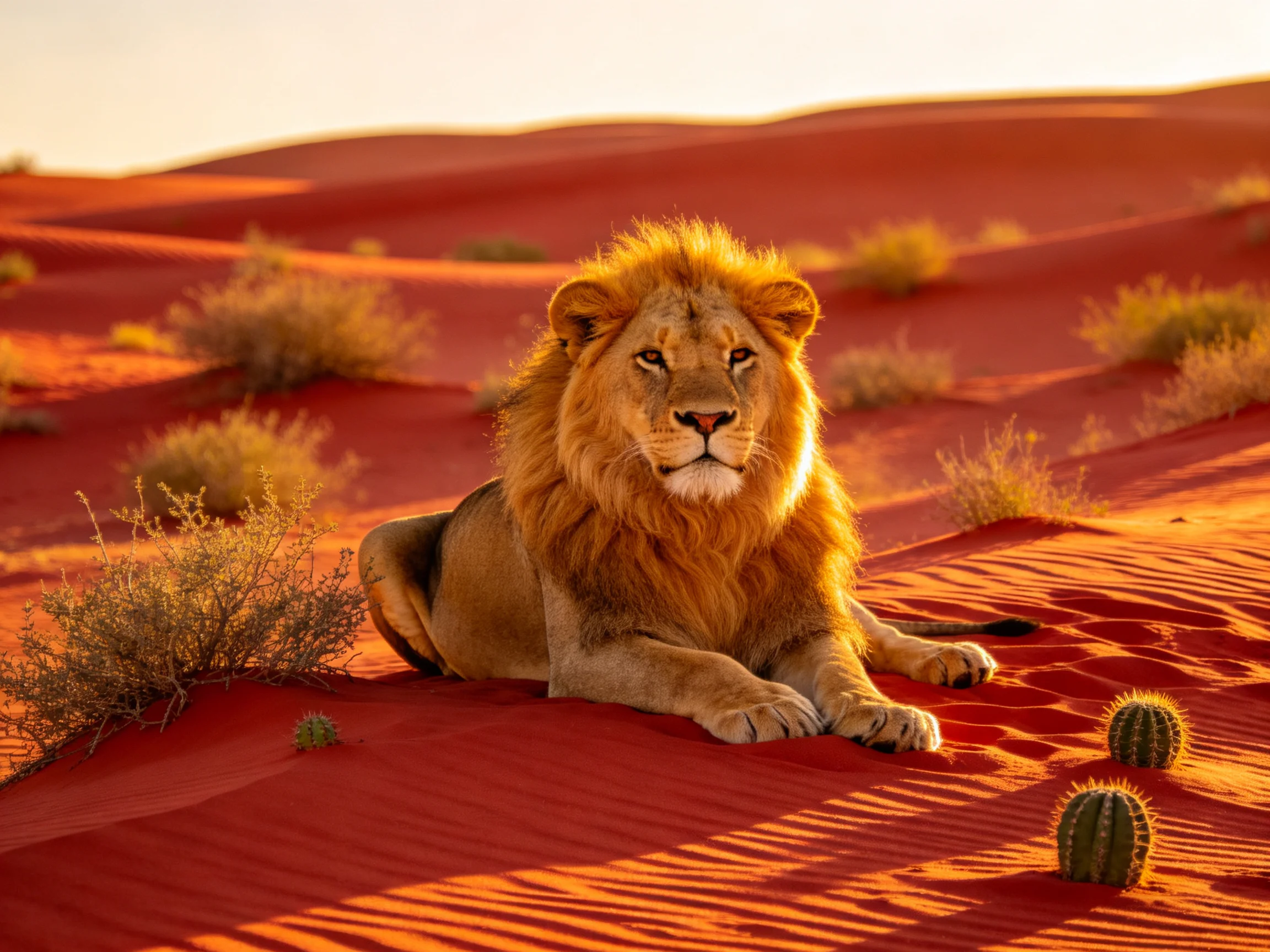 A lion sits calmly amid red sand dunes and desert vegetation.